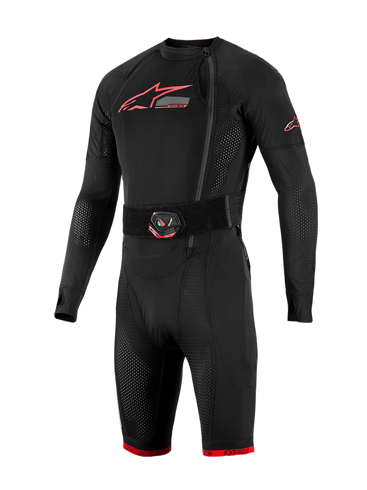 Système Airbag Tech-Air 10 V2 Race, couche de base noire, logos rouges, ceinture d'activation à LED et mesh respirant.