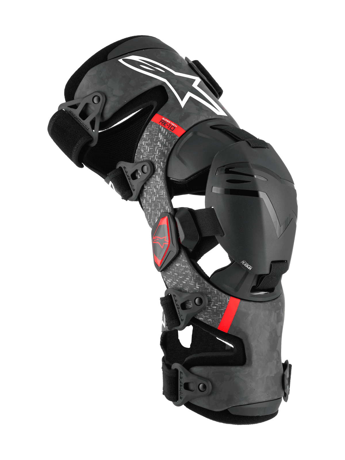 Alpinestars Supertech RK-10 Plasma, genouillère de protection pour motocross, noire avec armature en fibre de carbone forgée et accents gris, logos rouges, système de support articulé avec sangles réglables, protection tout-terrain haut de gamme