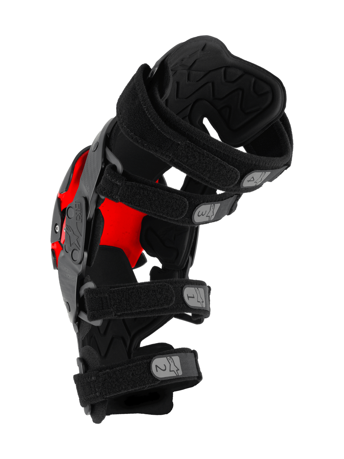 Genouillère Alpinestars RK-1 Plasma, protection de genou pour motocross, noir et rouge, vue latérale montrant quatre sangles réglables numérotées et rembourrage intérieur texturé, équipement de protection technique pour la course tout-terrain