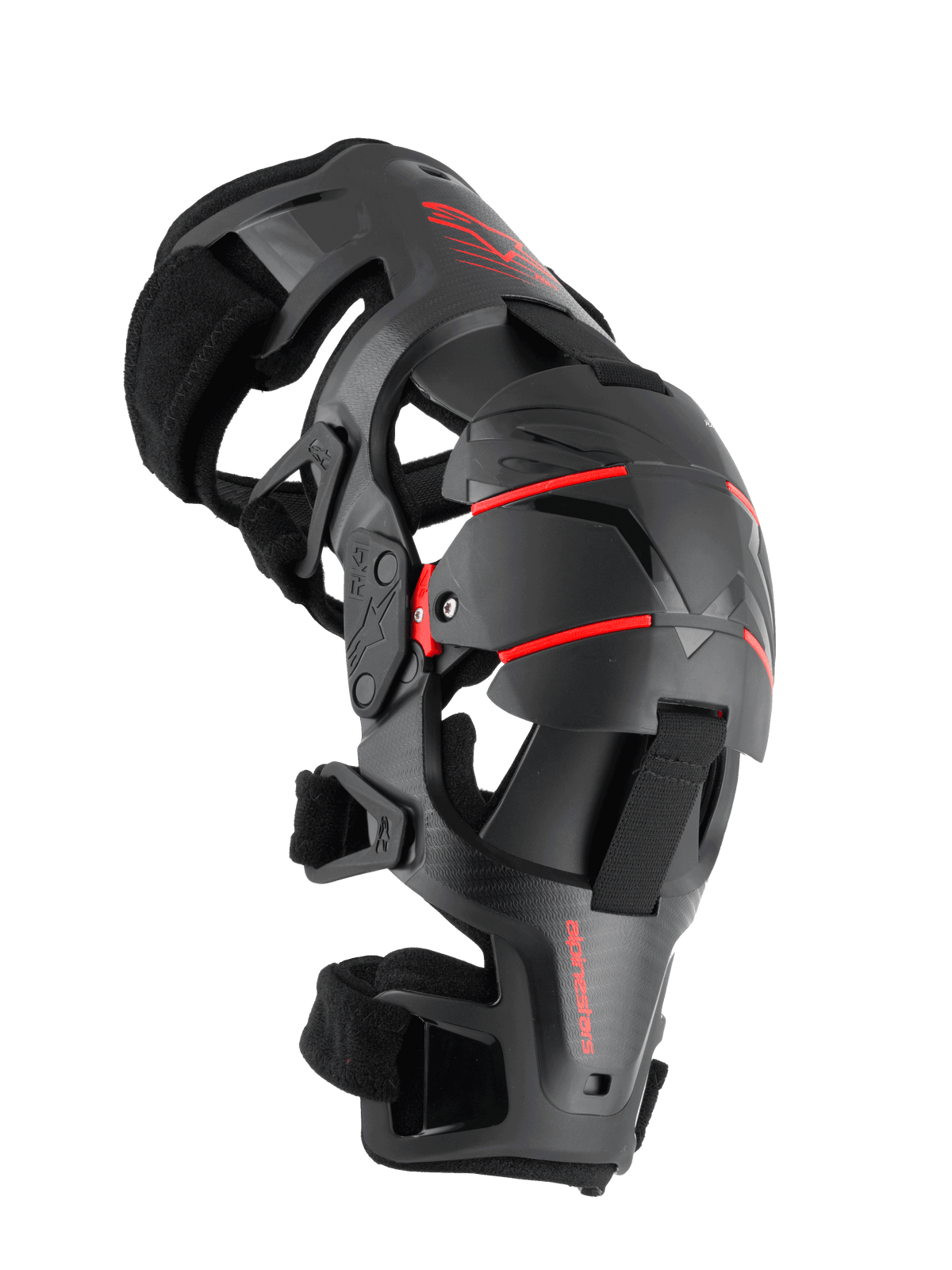 Alpinestars RK-1 Plasma, genouillère de protection pour moto, noir et rouge, vue de profil présentant le système d'articulation à quatre points, la coque de genou à triple segment et les sangles ajustables pour la course tout-terrain