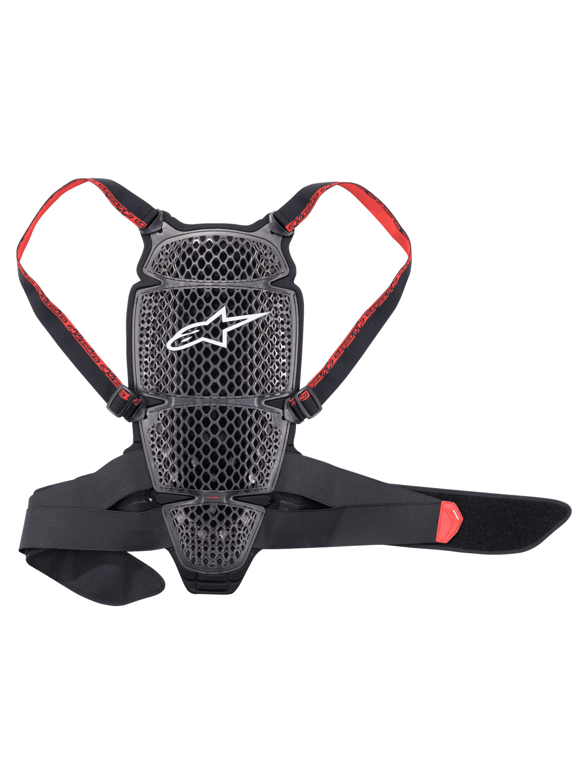 Alpinestars Nucleon KR-Cell Protector, protection dorsale de moto, noir fumé et rouge, grille alvéolée perforée avec logo Alpinestars blanc, bretelles réglables rouges à logo et ceinture ventrale noire, design ergonomique ventilé
