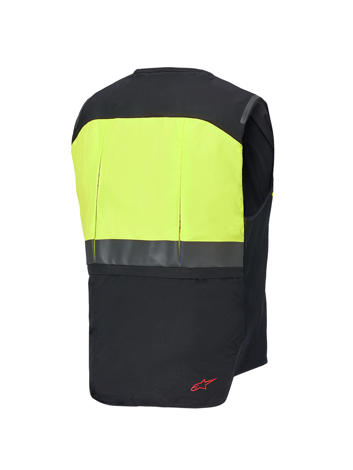 Alpinestars Tech-Air® 3 V2 System, Motorcycle Airbag Vest, Rear View, Black and Yellow Fluo, featuring high-visibility yellow upper back panel with reflective horizontal strip and red logo detail