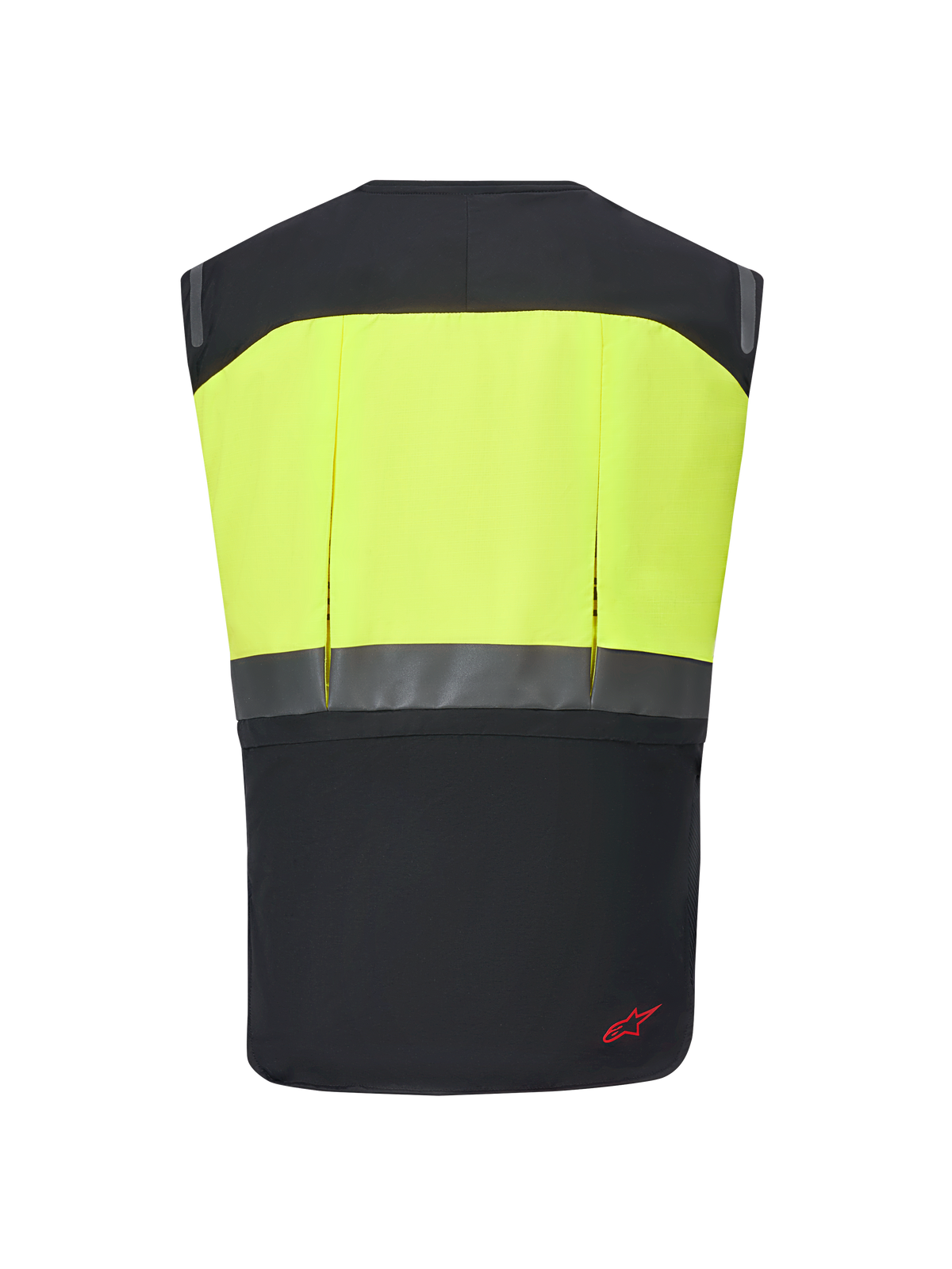 Alpinestars Tech-Air® 3 V2 System, Motorcycle Airbag Vest, Black and Yellow Fluo, rear view featuring a high-visibility yellow upper section and reflective horizontal strip, slim and lightweight protective gear for touring and commuting
