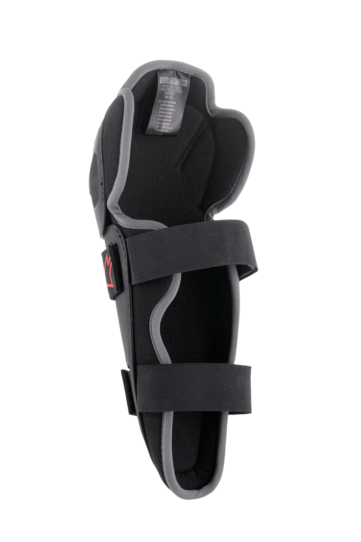 Alpinestars Bionic Action Knee Protector, protection de genou pour motocross, noir et gris, vue intérieure présentant un système de double sangle élastiquée, un rembourrage en mousse et une conception ergonomique asymétrique pour la conduite tout-terrain