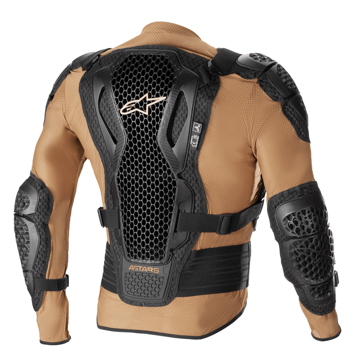 Veste de protection Alpinestars Bionic Action V2, Noir Sable et Mandarine, vue arrière montrant la protection dorsale Cell Technology avec design en nid d'abeille, protections intégrées aux épaules et aux coudes, et construction en maille beige respirante.