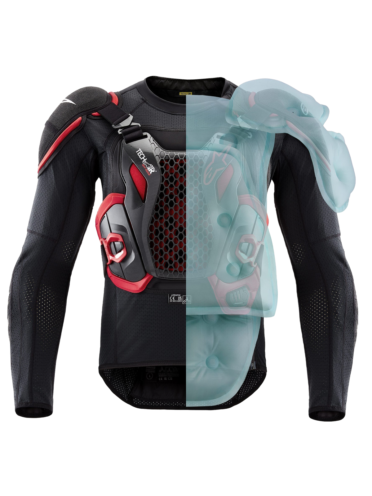 Alpinestars Système Airbag Tech-Air® Off-Road, veste de protection moto enduro et rallye homologuée FIM, noir et rouge, montrant la couverture active de l'airbag d'un côté