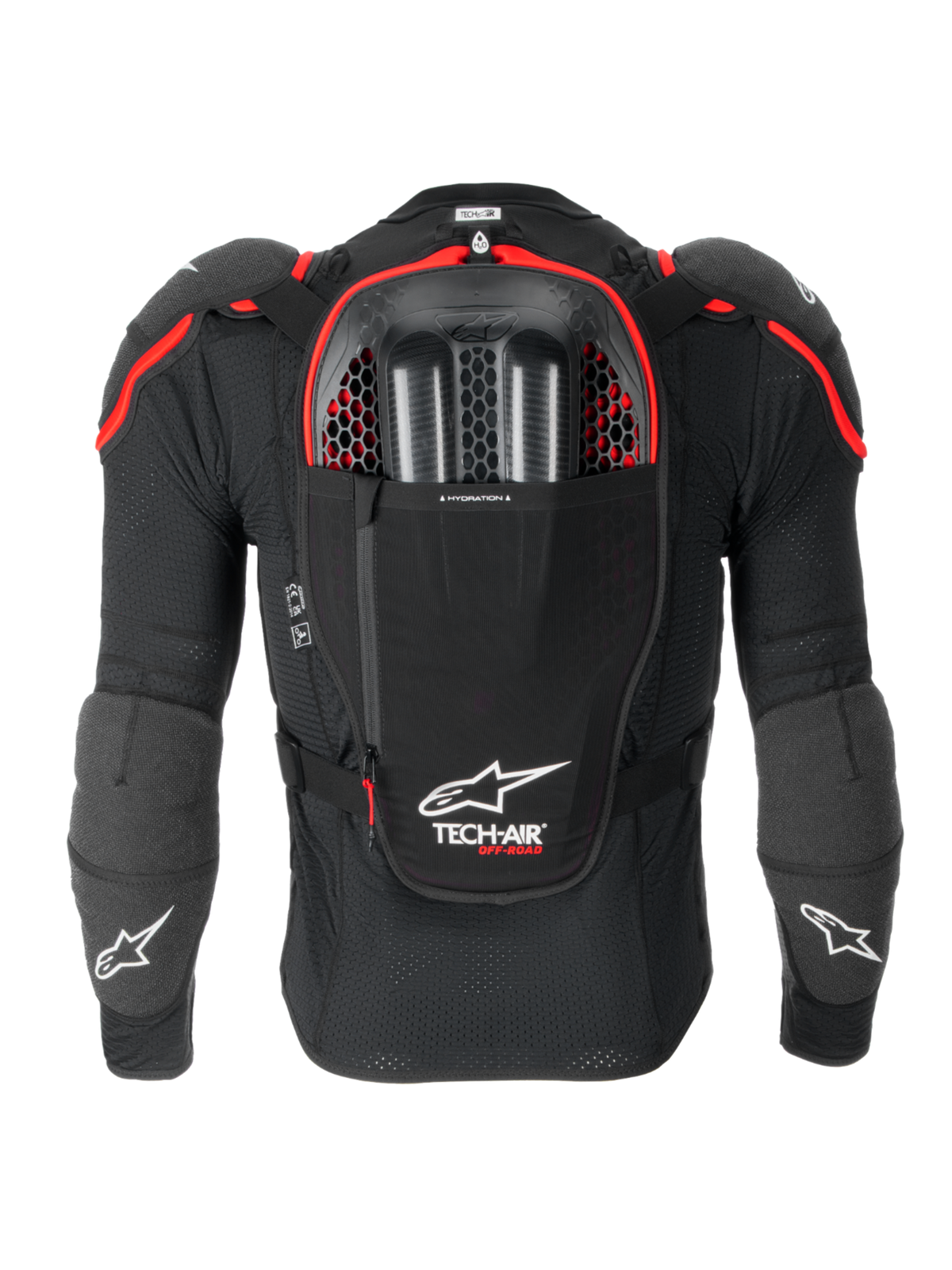 Alpinestars Système Airbag Tech-Air® Off-Road, système airbag moto tout-terrain, vue de dos en noir et rouge, avec protection dorsale Nucleon CELL intégrée, compartiment pour poche d'hydratation et protection certifiée CE Niveau 1