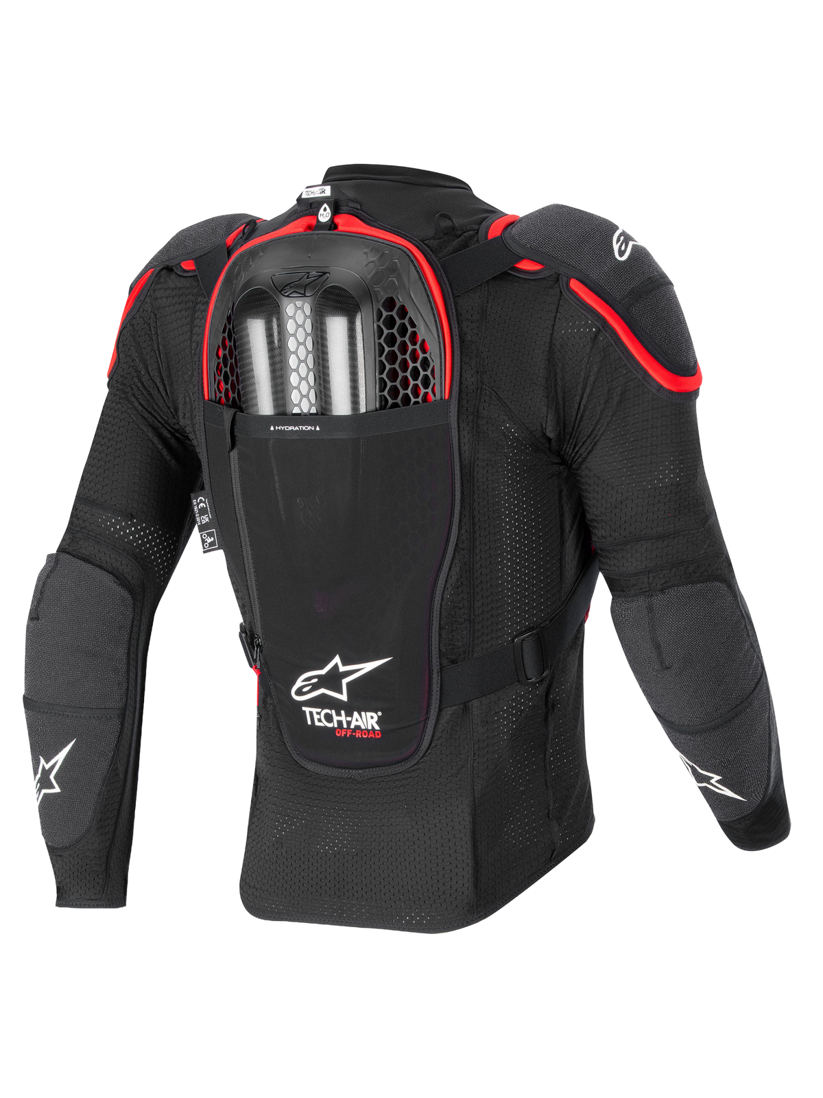 Alpinestars Système Airbag Tech-Air® Off-Road, veste de protection moto tout-terrain, vue de dos, noir et rouge, avec protection dorsale Nucleon CELL intégrée et compartiment pour gonfleurs à double charge