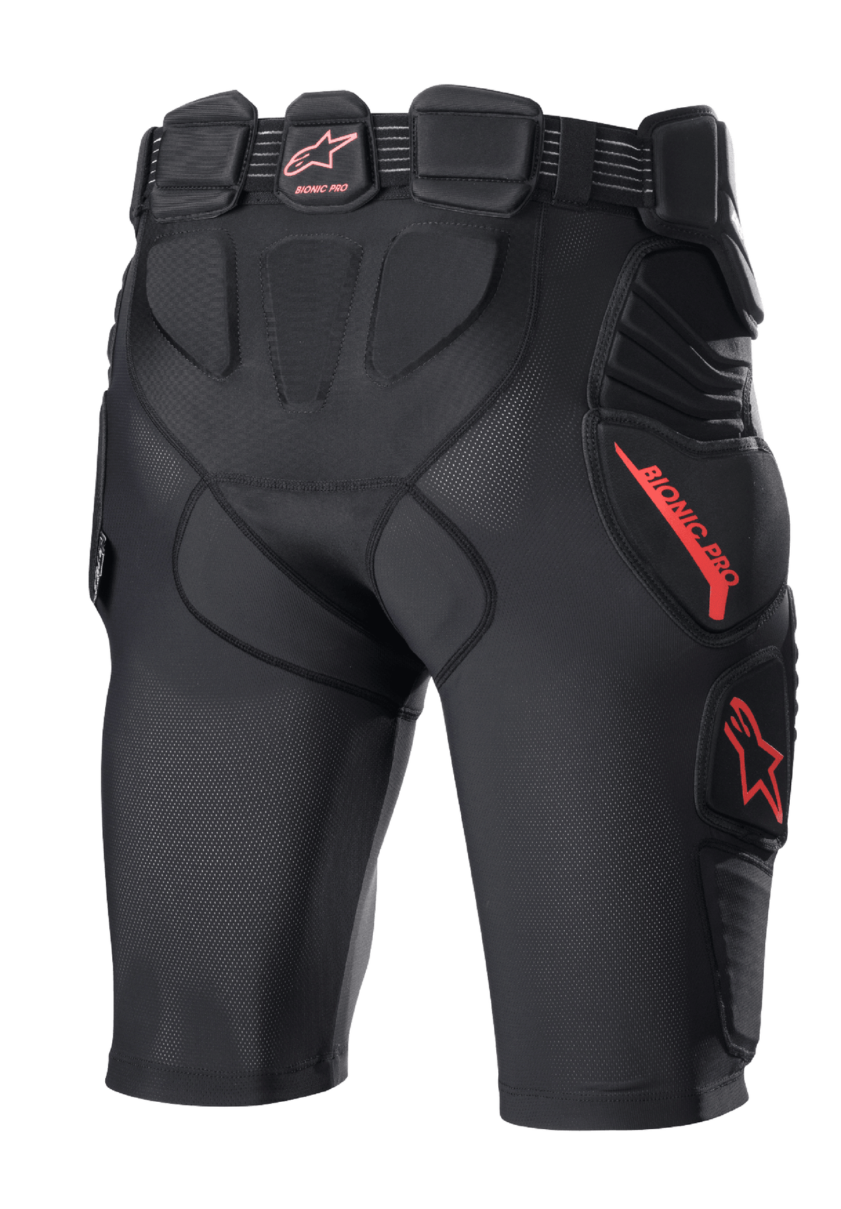 Shorts de protection Alpinestars Bionic Pro, shorts de protection de motocross, noir et rouge, vue arrière montrant le rembourrage intégré aux hanches et aux cuisses, construction en maille respirante, logo et marquage Alpinestars rouges, couche de base protectrice pour le tout-terrain