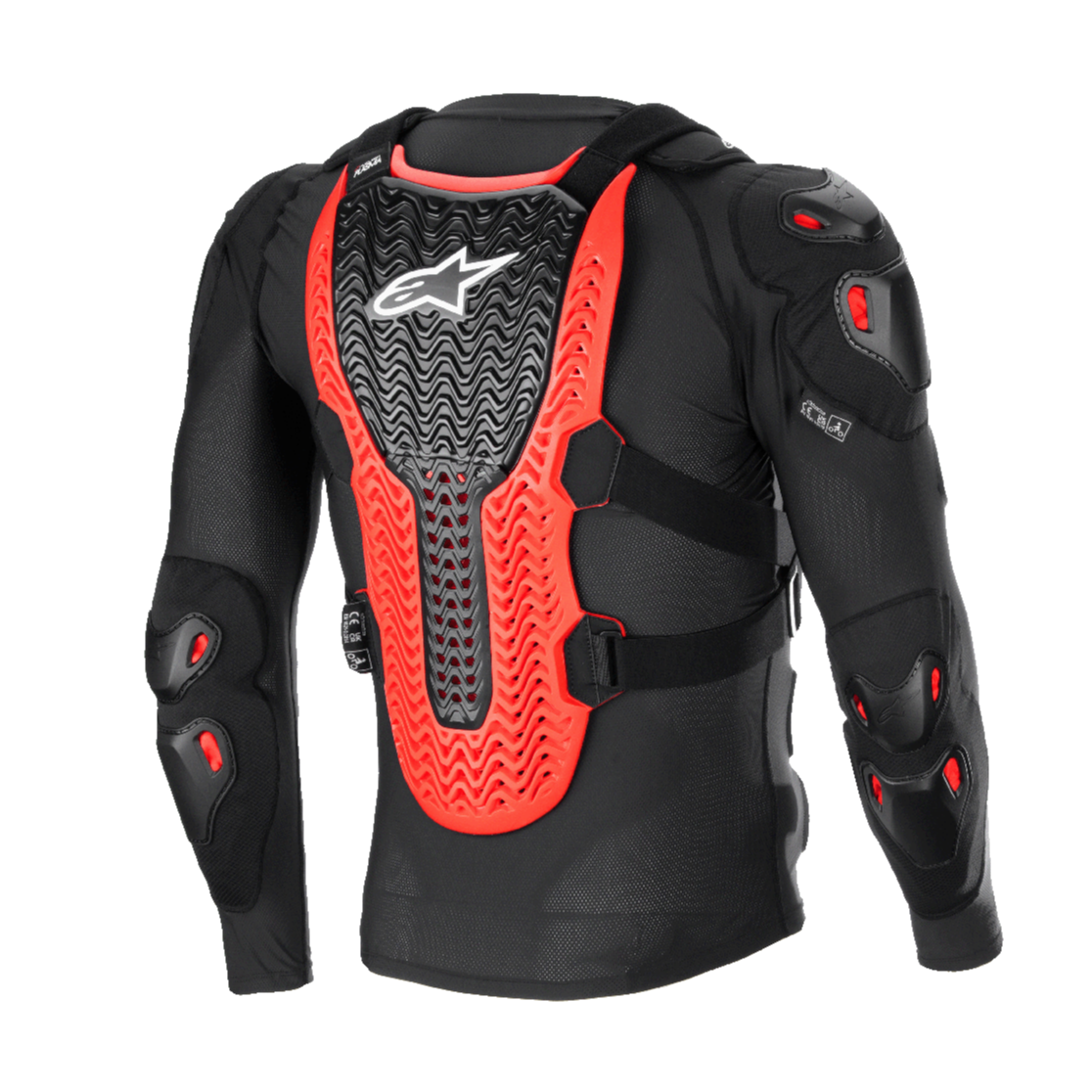 Veste de protection Alpinestars Bionic XTR Plasma, noir, rouge et blanc, vue arrière montrant la large protection dorsale Nucleon PLASMA nervurée, rembourrages aux épaules et aux coudes, construction en maille noire pour une protection de motocross tout-terrain