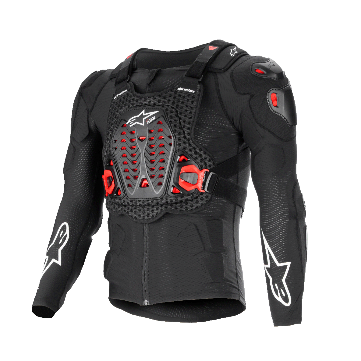 Alpinestars Bionic XTR Plasma Protection Jacket, veste de protection pour moto, noire avec accents rouges et blancs, structure en maille respirante texturée, plastron ventilé avec inserts Nucleon PLASMA rouges, logos étoile blancs sur les manches, boucles latérales réglables, équipement tout-terrain haute protection