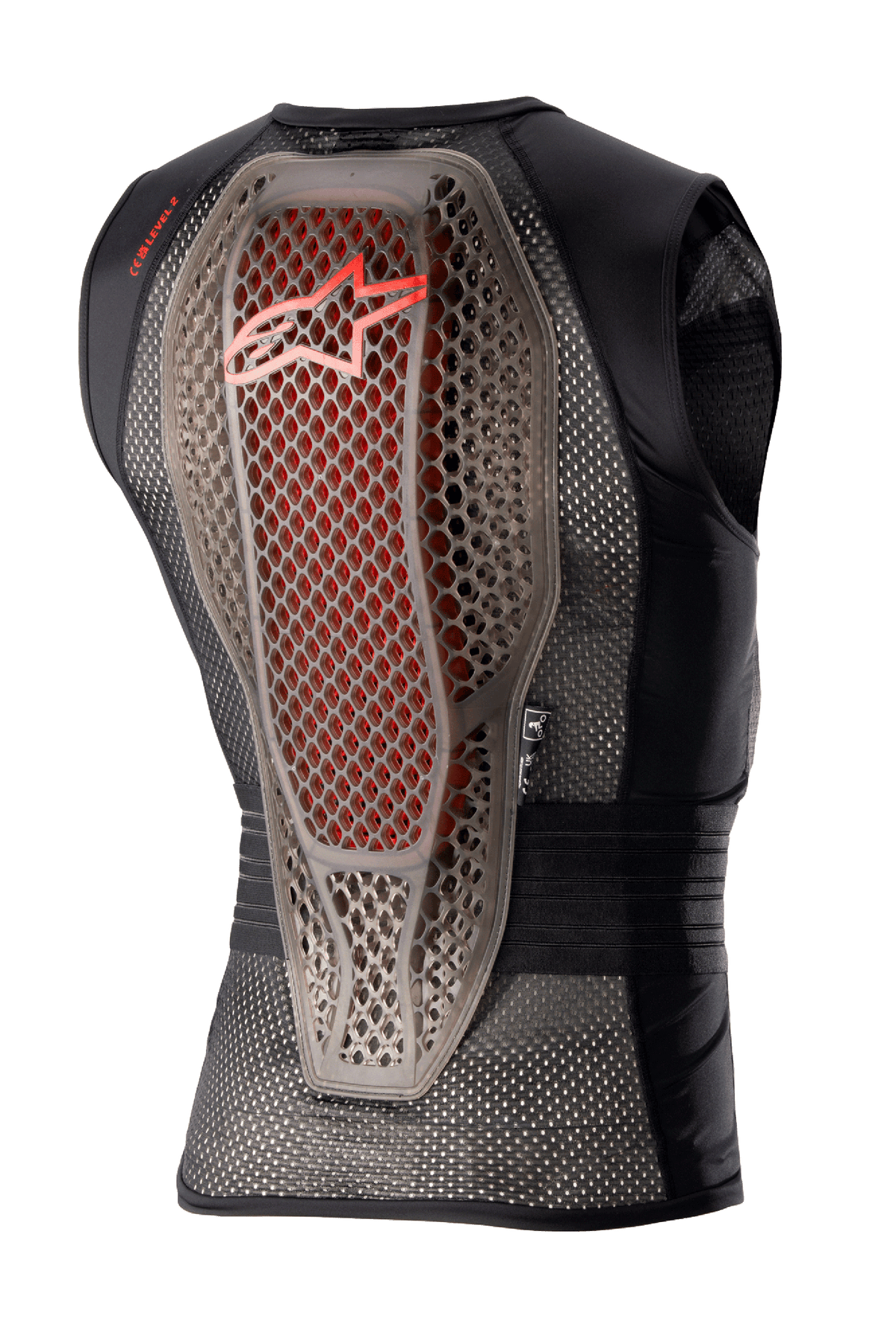 Alpinestars Nucleon Flex Pro Protection Vest, Motorcycle Body Armor, Transparent Smoke Red Black, Back view showing the hybrid Cell structure back protector with red accents, ventilated black mesh chassis, and ergonomic safety design