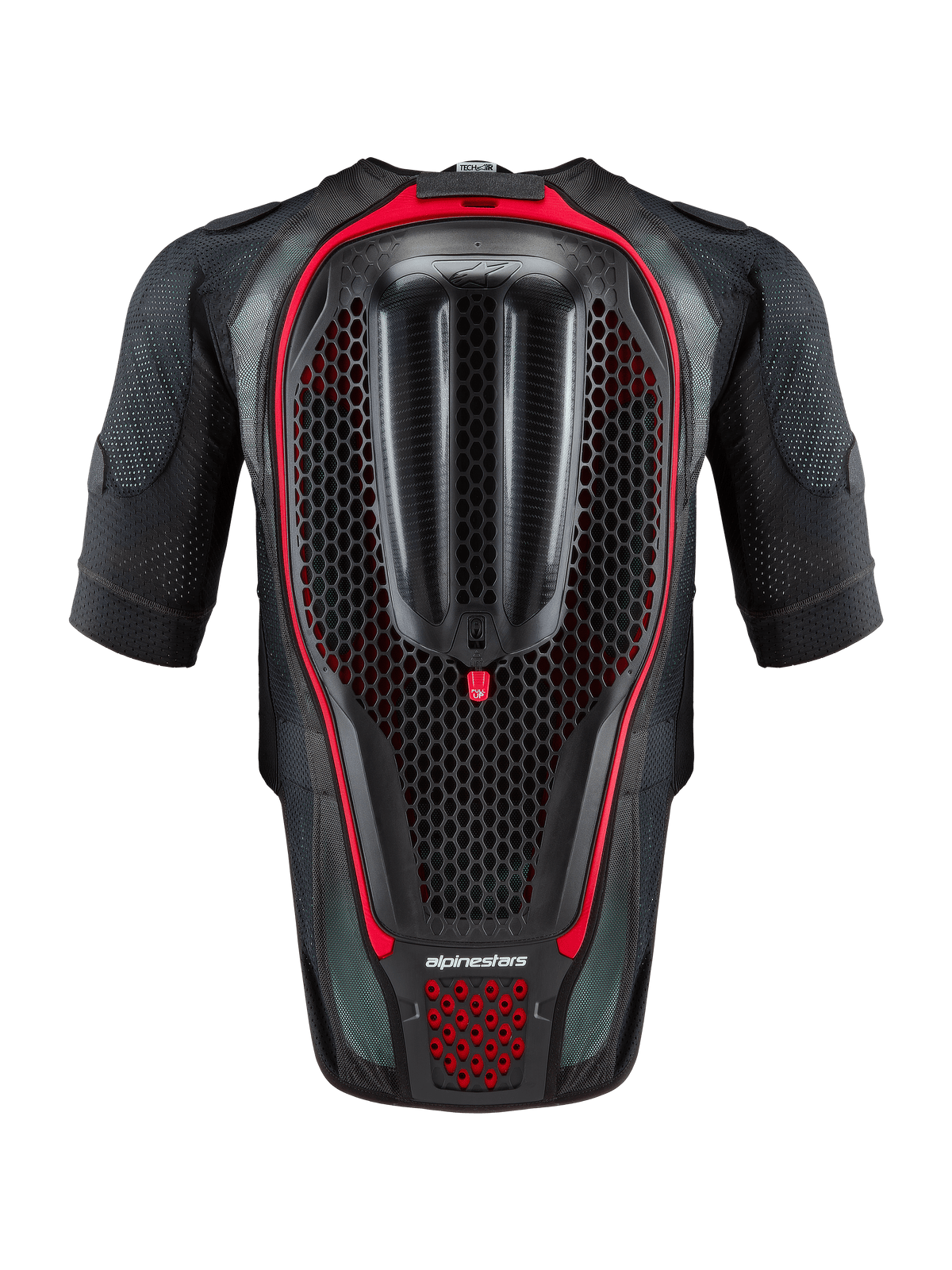 Système Alpinestars Tech-Air® 7X, gilet airbag moto autonome, noir et rouge, vue arrière montrant la protection dorsale intégrée en nid d'abeille et la construction en mesh ventilé pour la conduite sur piste et sur route.