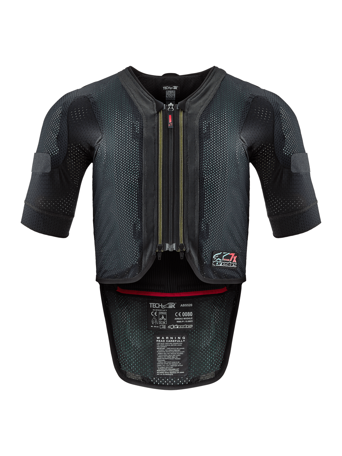 Alpinestars Tech-Air® 7X System, gilet airbag moto, noir et rouge, vue de face avec un châssis en mesh ventilé, fermeture éclair centrale avec tirette rouge et étiquettes de certification internes, protection haute performance pour la conduite sur piste et sur route