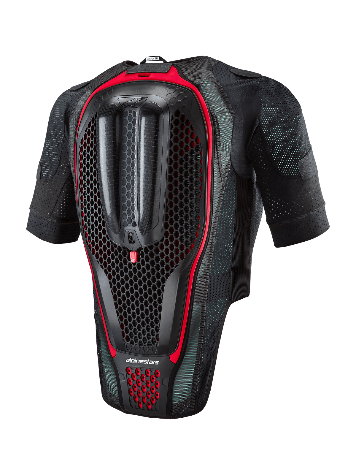 Système Alpinestars Tech-Air® 7X, gilet airbag moto, vue arrière montrant la protection dorsale intégrée avec texture en nid d'abeille, tissu mesh noir avec des accents rouges, équipement de sécurité ergonomique pour la course sur route et les journées sur circuit