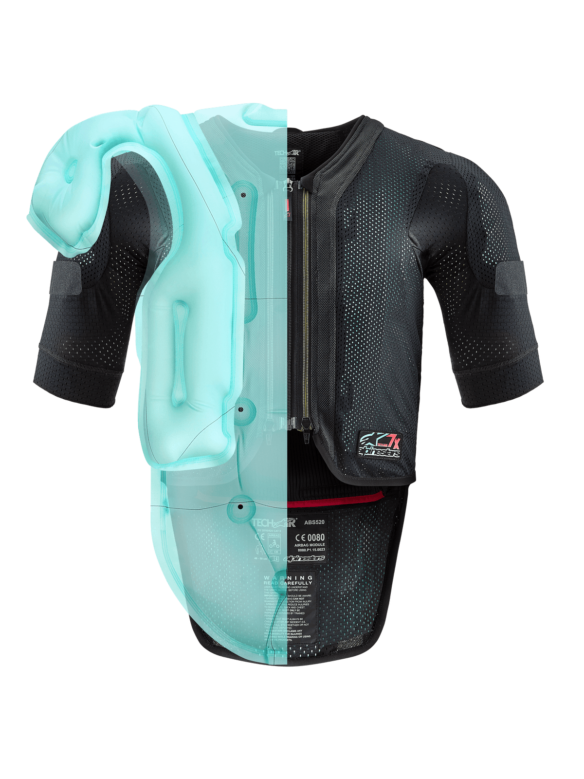 Système Alpinestars Tech-Air® 7X, gilet airbag de moto autonome, châssis en mesh noir avec visualisation bleu clair translucide de la vessie interne de l'airbag, équipement de protection technique à manches courtes avec protection dorsale intégrée