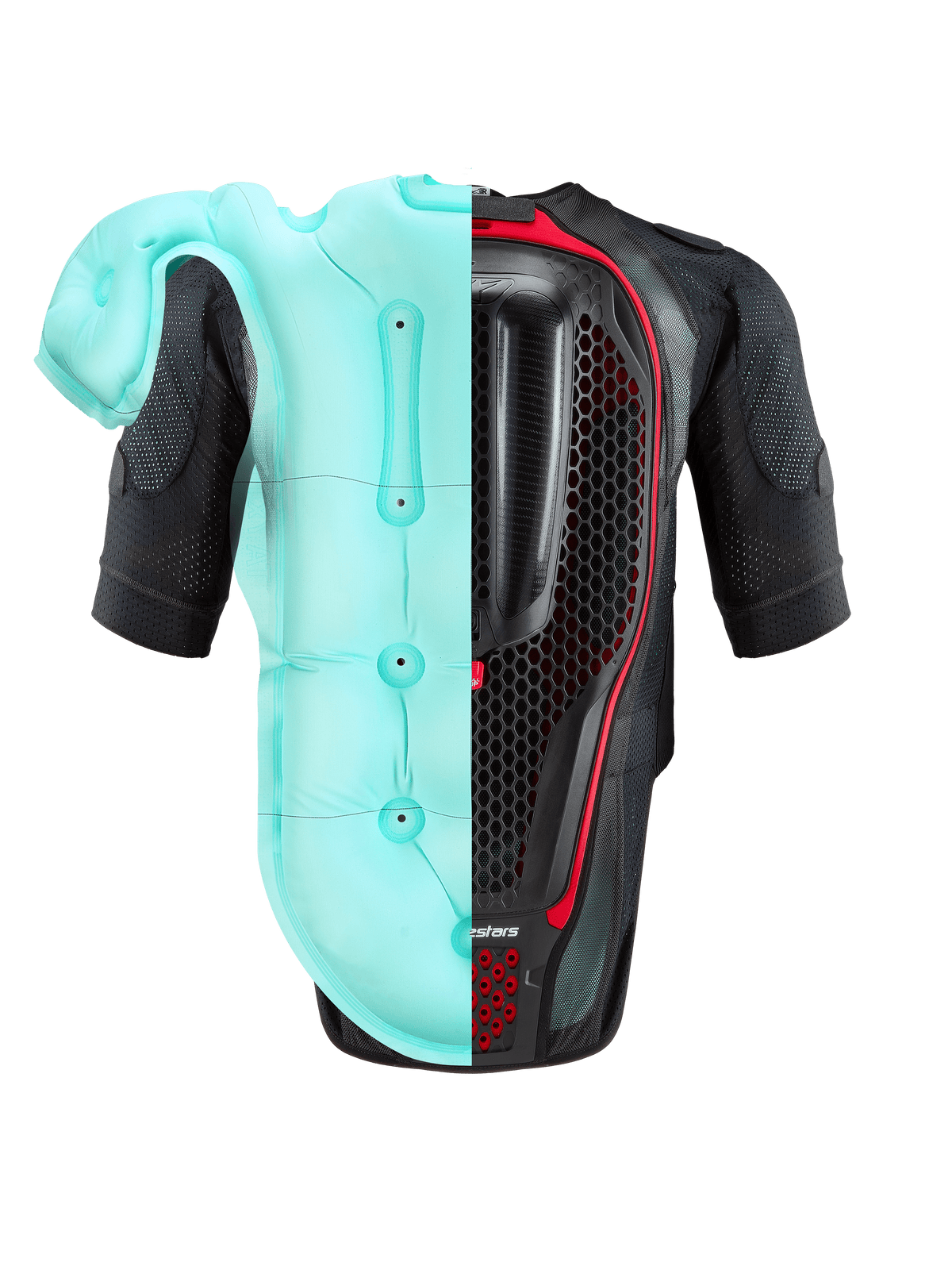 Système Alpinestars Tech-Air® 7X, gilet airbag moto, noir et rouge, vue de dos présentant un visuel divisé du coussin d'air gonflé bleu clair et de la protection dorsale interne en nid d'abeille, protection haute performance pour circuit et route