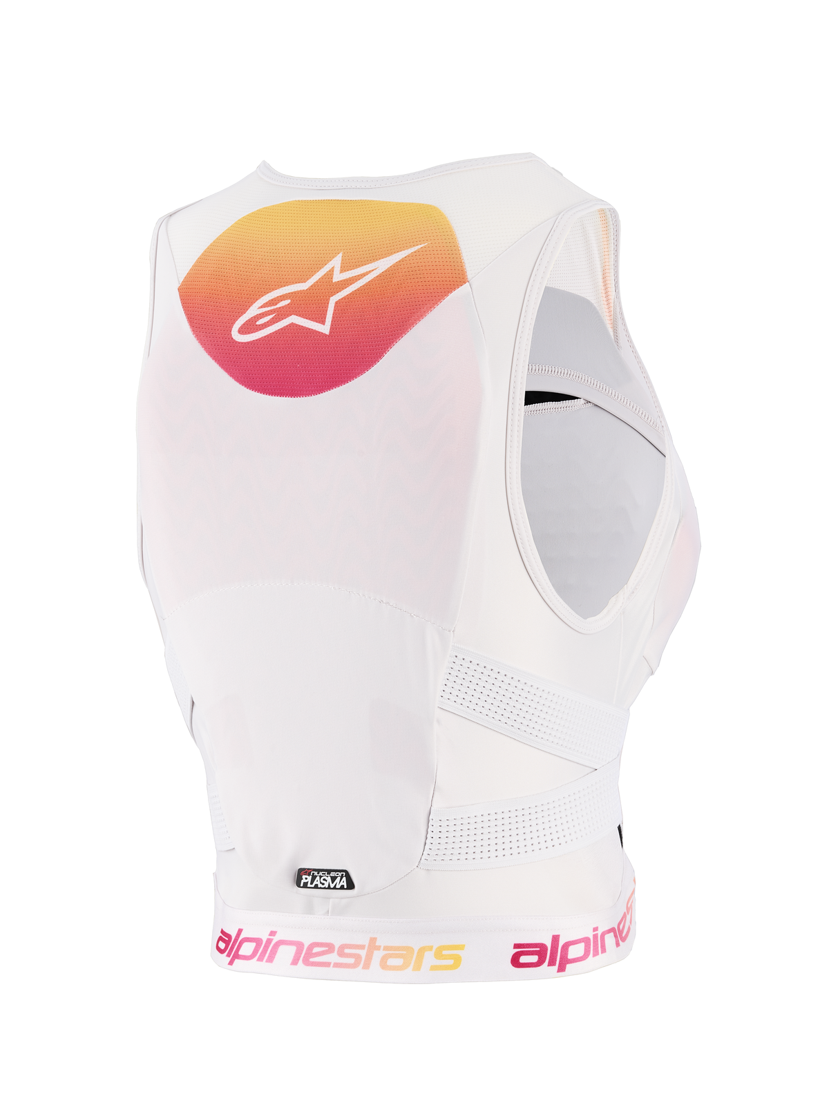 Alpinestars Woman Stella Plasma Chest Protector, Light Lilac Fade White, back view featuring a yellow and pink gradient graphic with white logo, white breathable mesh construction, and perforated side straps for off-road protection.