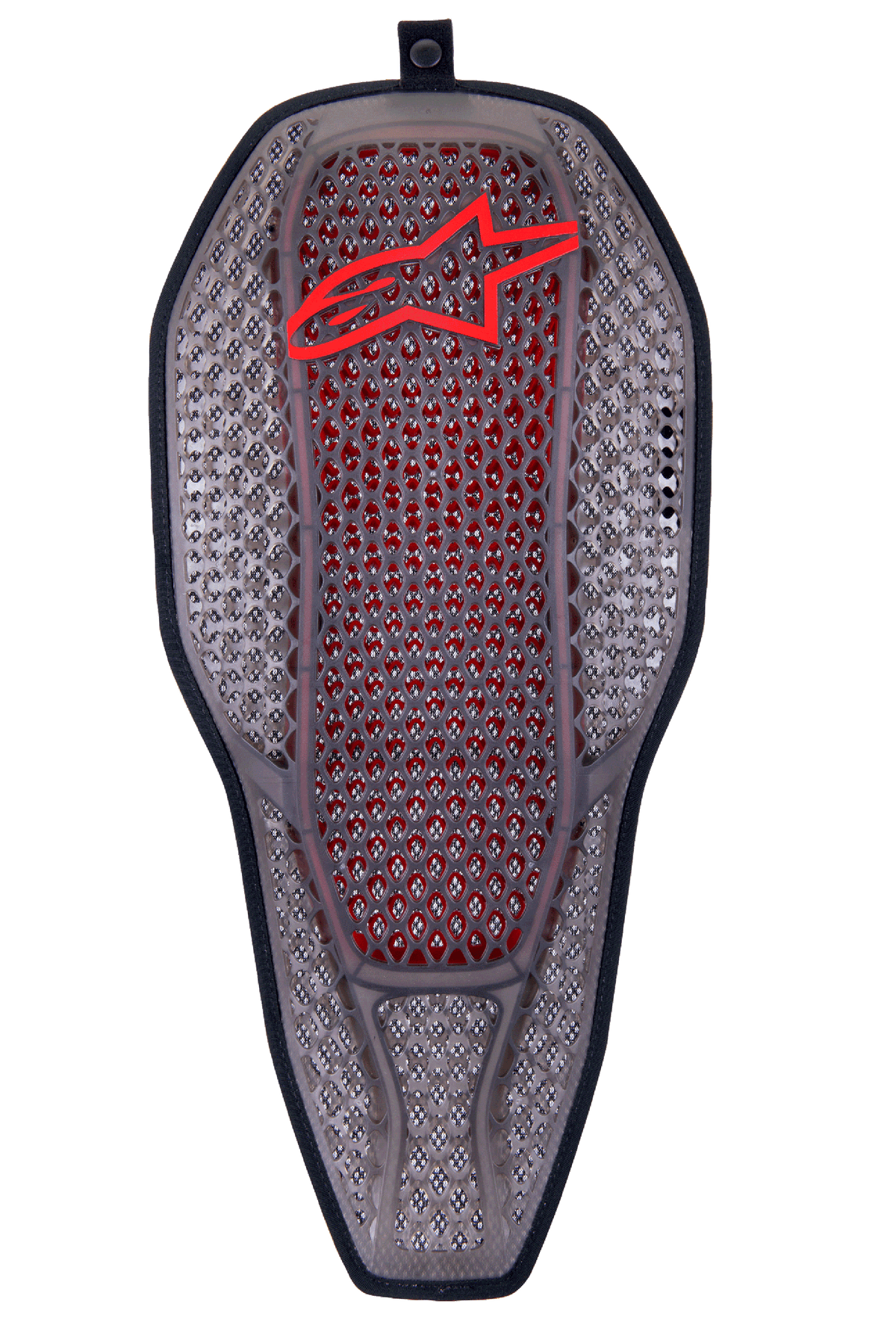 Alpinestars Nucleon Flex Proi, insert de protection dorsale complète, rouge fumé transparent, structure à cellules hexagonales gris fumé avec noyau interne rouge, logo Alpinestars rouge sur le dessus, forme de bouclier ergonomique allongée, équipement de protection moto hautement ventilé