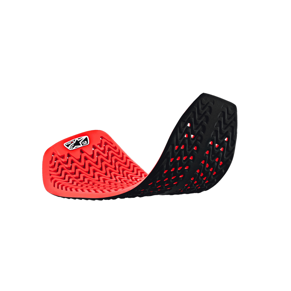 Insert de protection dorsale intégrale Alpinestars Nucleon Plasma, rouge et noir, position incurvée flexible mettant en avant le design cellulaire perforé, structure ondulée absorbant les impacts, équipement de protection respirant pour moto