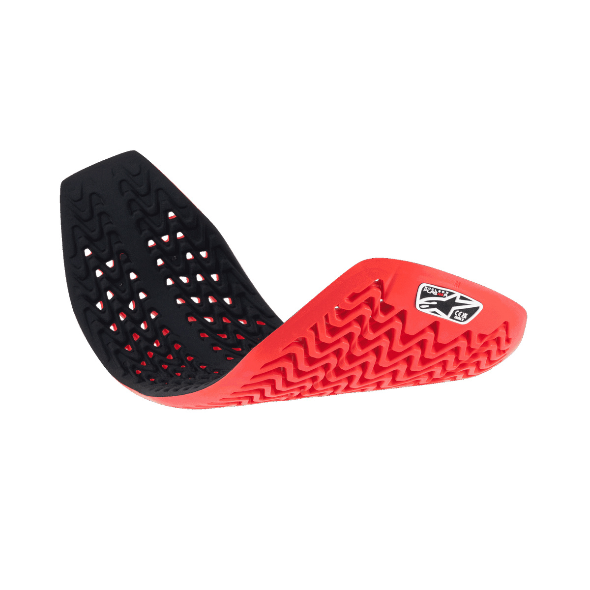 Insert de protection dorsale intégrale Alpinestars Nucleon Plasma, rouge et noir, protection dorsale de moto flexible illustrée courbée pour démontrer sa souplesse, dotée d'une structure alvéolaire ventilée et de motifs ondulés pour l'absorption des chocs et la respirabilité