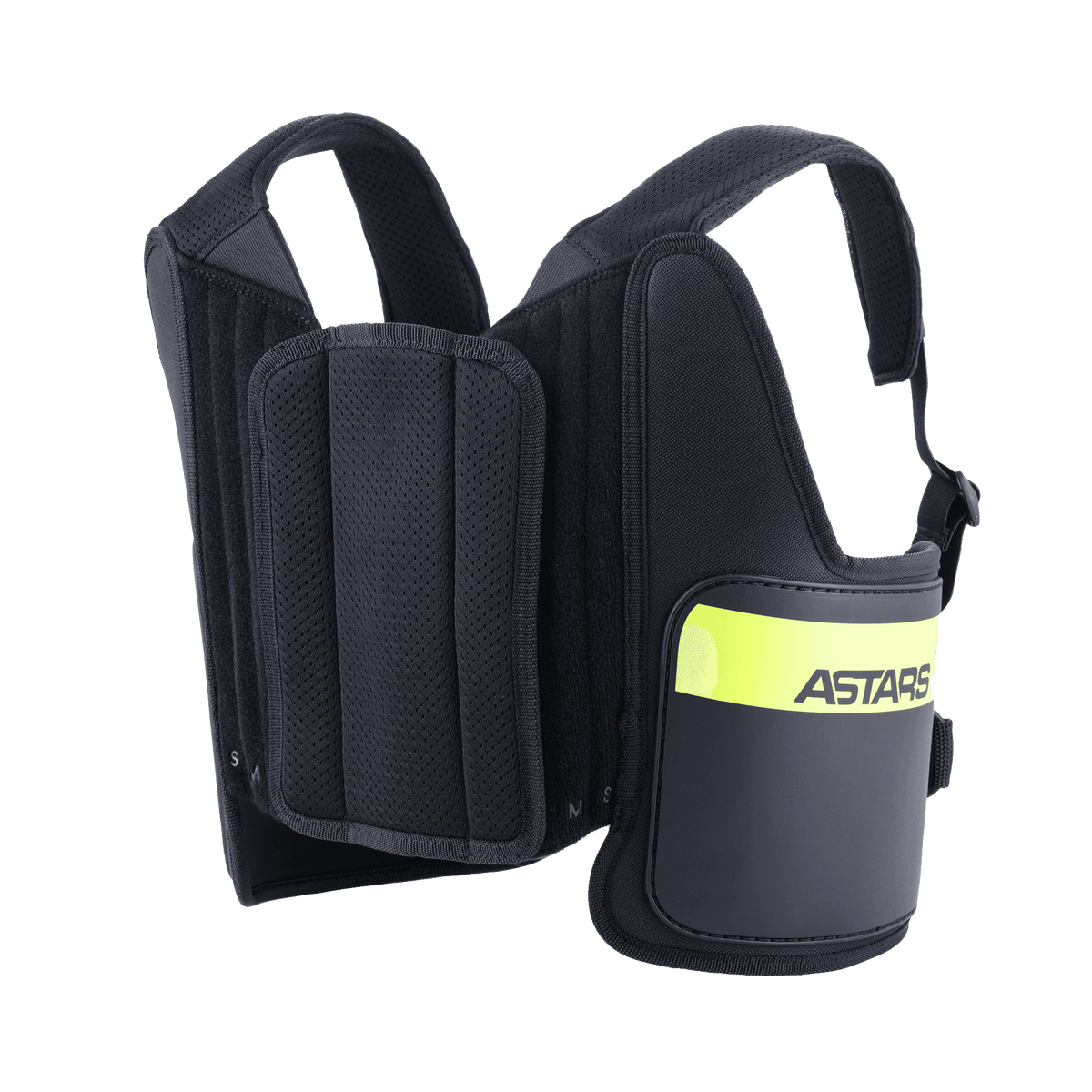 Support de côtes Alpinestars Bionic, protection de côtes pour le karting, noir et jaune fluo, avec marquage ASTARS, bretelles en maille réglables et construction rembourrée multicouche pour un ajustement ergonomique.