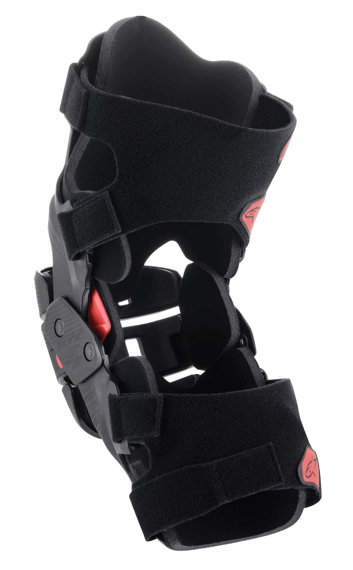 Orthèse de genou Alpinestars Bionic 5S Junior, protecteur de genou de motocross, noir et rouge, dotée d'une construction de cadre hybride, d'un système de charnière à quatre points stable et de sangles Velcro réglables, design protecteur et léger pour les jeunes pilotes tout-terrain.