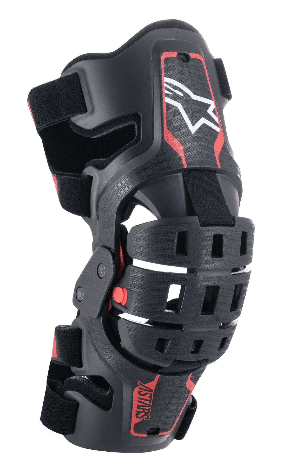 Orthèse de genou Alpinestars Bionic 5S Youth, protection de genou de motocross, noir et rouge, avec un logo étoile blanc, système de charnière articulé à quatre points, cadre en composite robuste avec sangles réglables, conçu pour la course tout-terrain pour les jeunes
