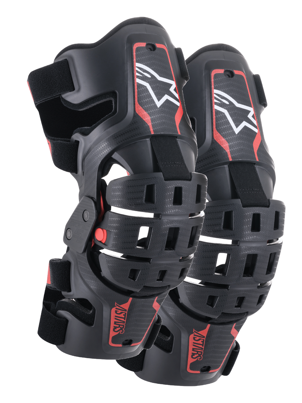 Genouillères Alpinestars Bionic 5S Junior, protection de genou motocross, noir et rouge, paire de protecteurs avec design de cadre hybride et coques ventilées, logo Astar blanc sur la partie supérieure, marquage ASTARS rouge sur la partie inférieure et sangles noires réglables pour un ajustement sûr.