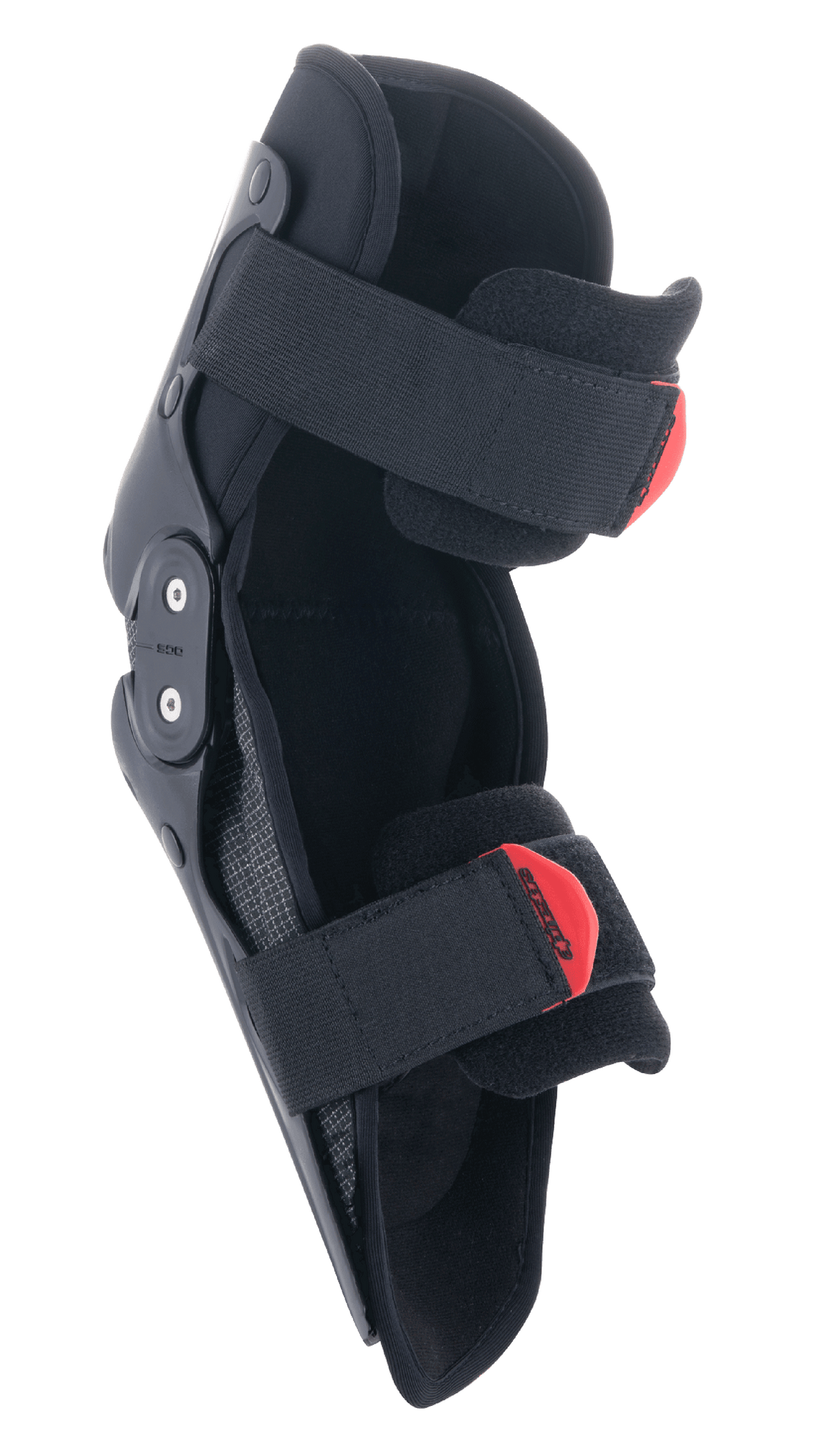 Genouillères Alpinestars SX-1 Junior, protection de genou motocross, noir et rouge, dotées d'un système de charnière à double pivot et d'un système de double sangle réglable avec tirettes rouges, protection légère et durable pour les jeunes pilotes tout-terrain