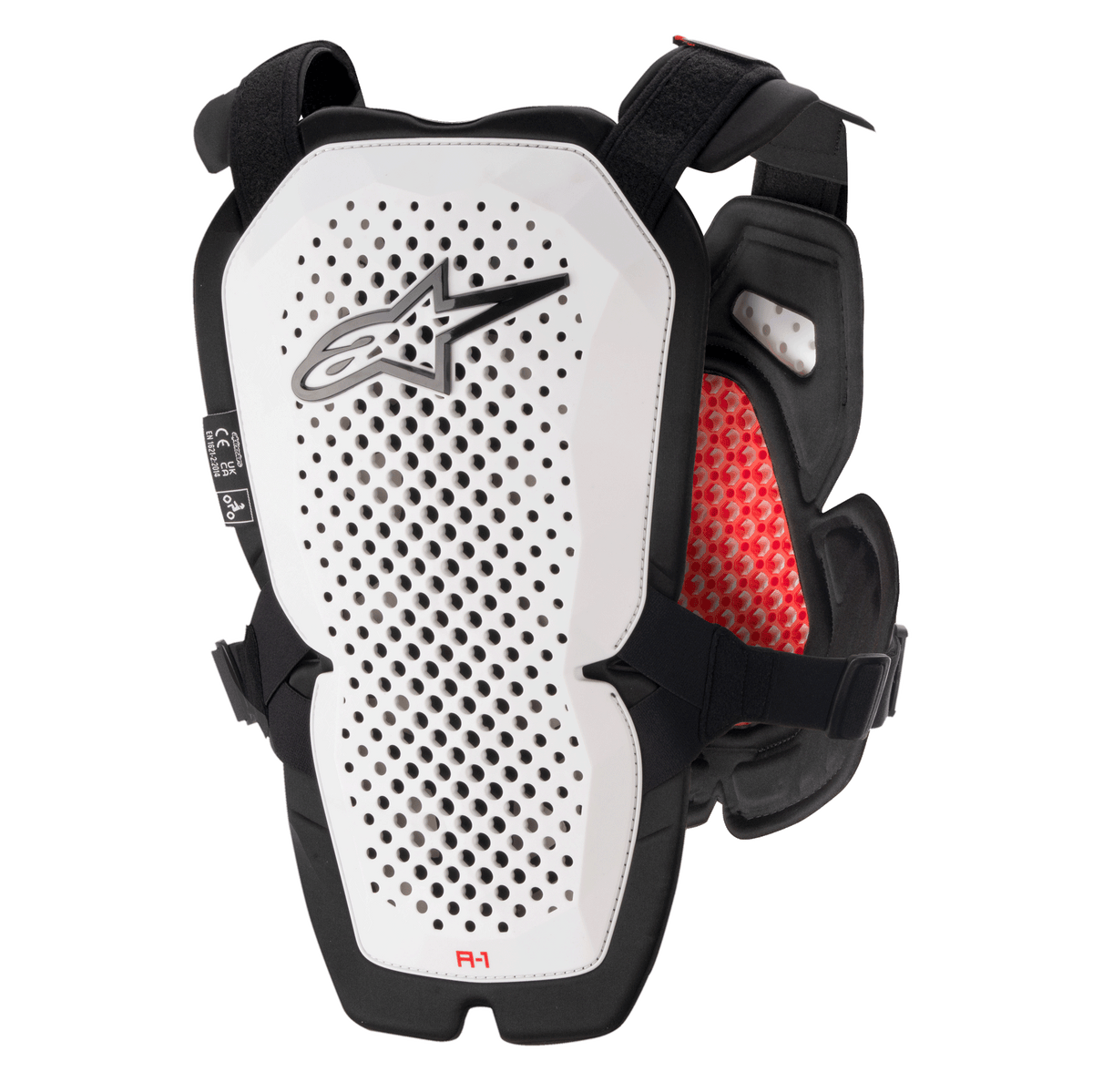 Alpinestars A-1 Pro Chest Protector, blanc et noir avec des accents rouges, panneau dorsal perforé pour la ventilation, rembourrage intérieur en nid d'abeille rouge, équipement de protection de motocross léger
