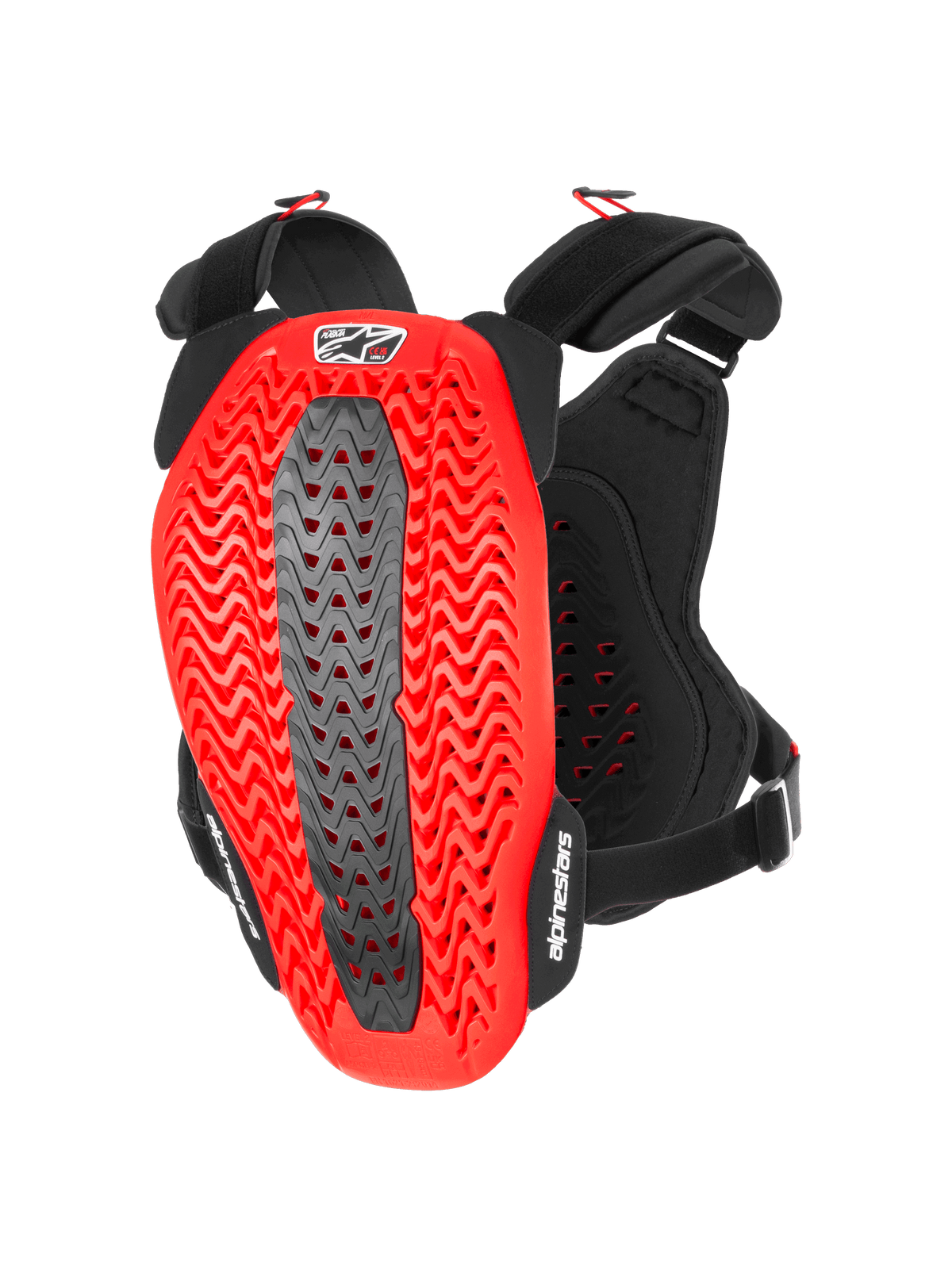 Pare-pierres Alpinestars A-5 Plasma, protection de poitrine et dorsale pour moto, noir et rouge, vue arrière montrant la coque Nucleon PLASMA rouge perforée et ondulée avec une zone centrale grise, sangles réglables noires avec logos blancs, équipement de protection pour motocross et tout-terrain