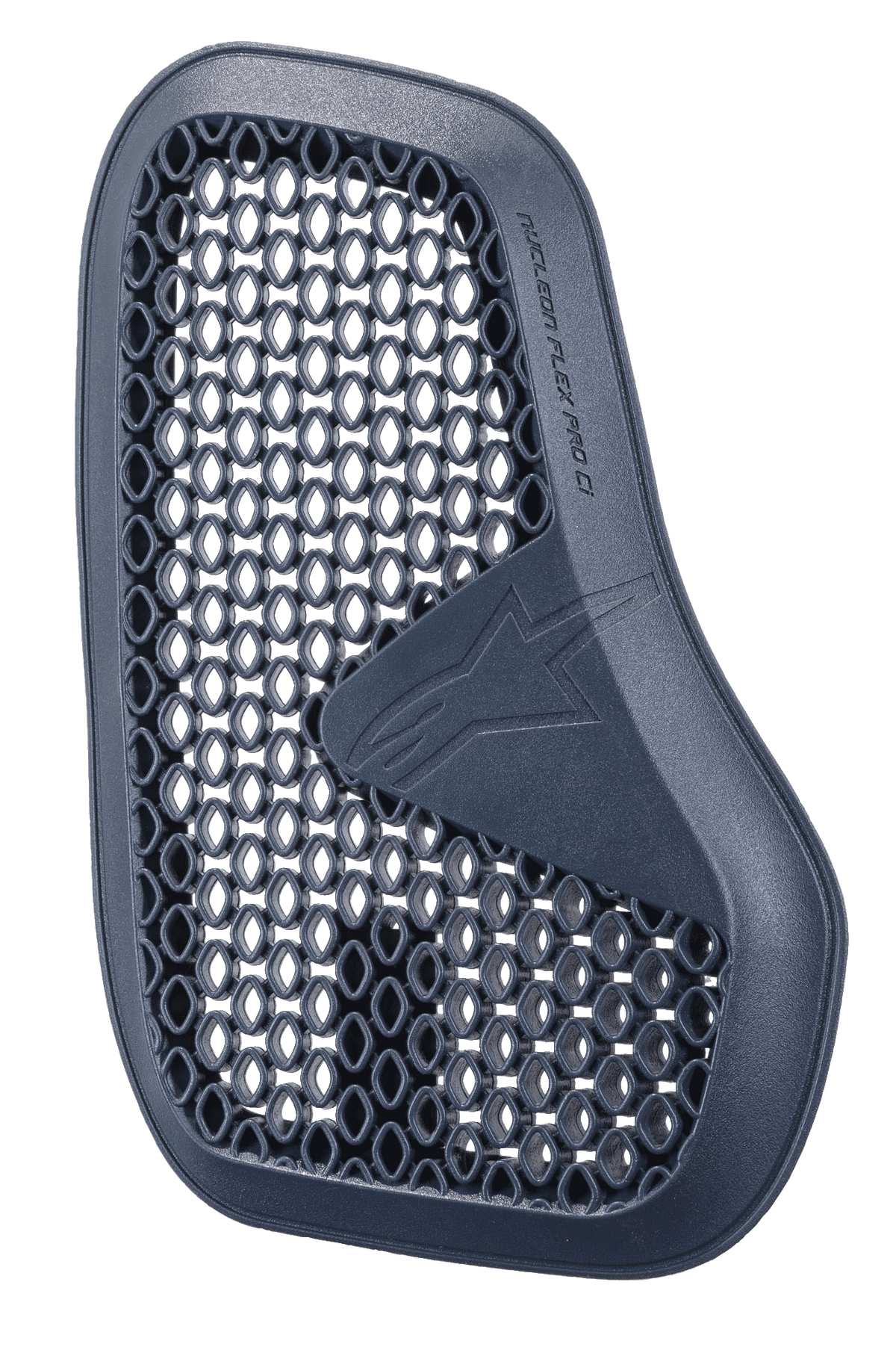 Alpinestars Nucleon Flex Pro Ci Protector, protection thoracique de moto gris anthracite, pièce gauche d'un ensemble divisé, microstructure en nid d'abeille pour la ventilation et l'absorption d'énergie, logo et texte Alpinestars embossés, conception ergonomique et légère