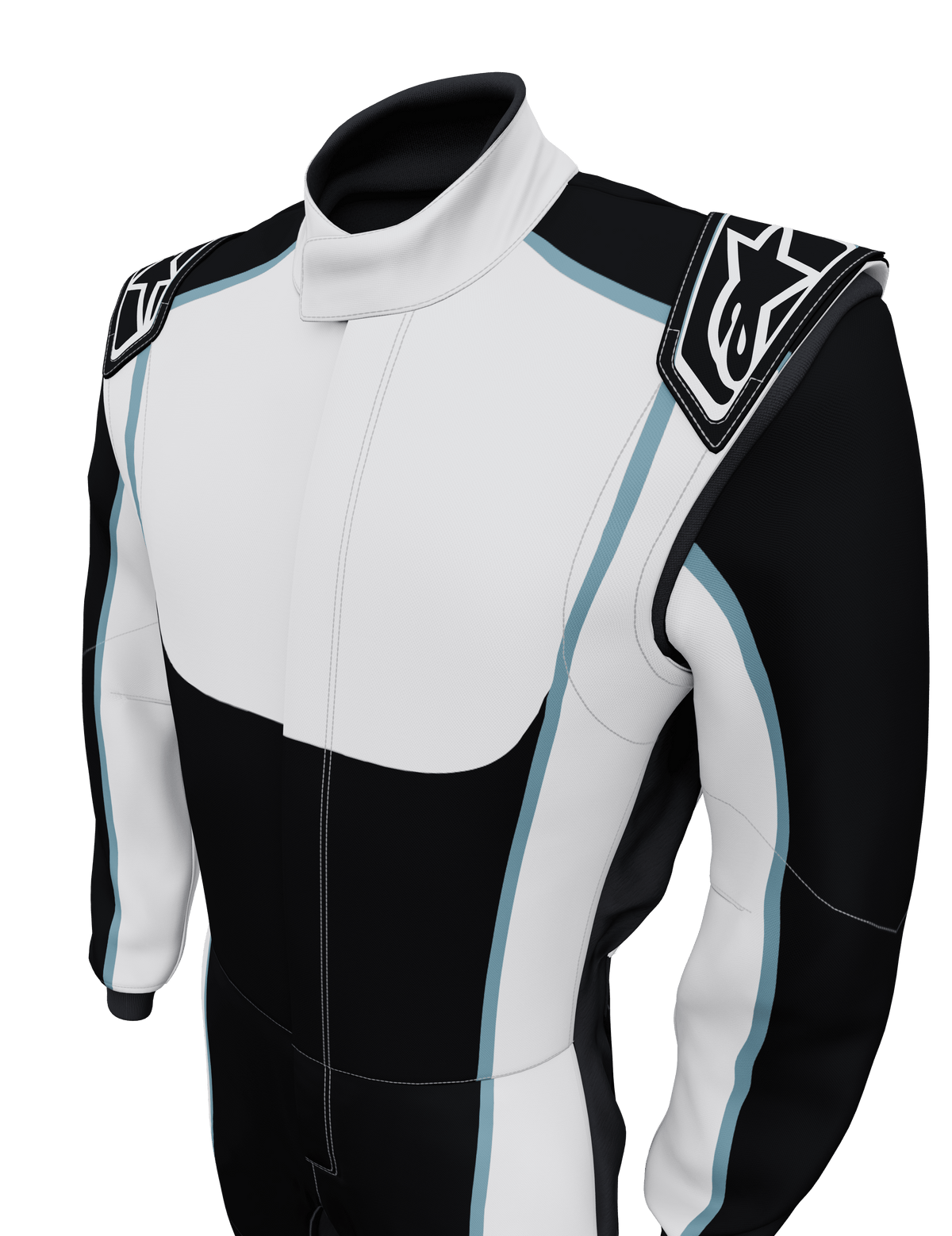 Alpinestars Tech Vision V3 Custom Suit, Auto Racing Suit, Black and White with light blue accents, featuring shoulder epaulettes with Alpinestars logo, professional motorsport design