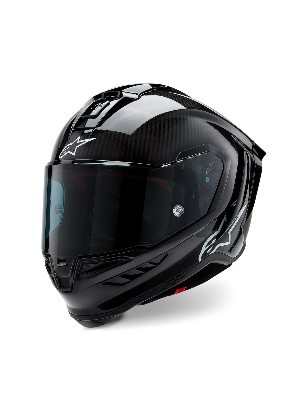 Casque Alpinestars Supertech R10 Solid, casque de course moto, carbone noir mat et brillant, avec trame de fibre de carbone apparente, visière teintée sombre, logos Astars blancs, design aérodynamique épuré