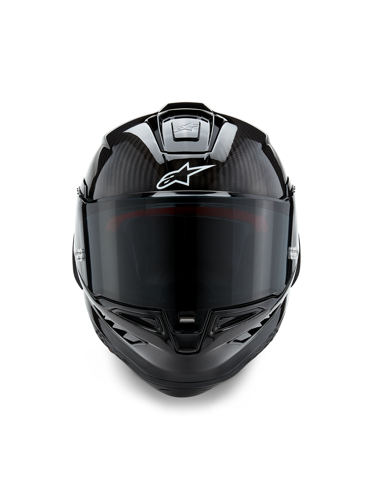 Casque Alpinestars Supertech R10 Solid, vue de face, finition carbone noir mat et brillant, trame de fibre de carbone apparente, logo Alpinestars blanc, écran fumé foncé, casque de moto de course aérodynamique
