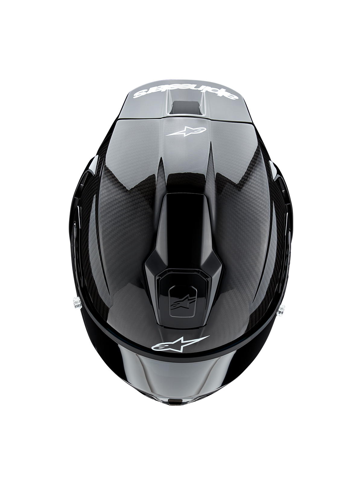 Casque Alpinestars Supertech R10 Solid, vue de dessus, carbone noir mat et brillant, montrant la texture de la fibre de carbone sur les côtés, la section centrale brillante, les ventilations aérodynamiques et le logo Alpinestars blanc à l'avant et à l'arrière