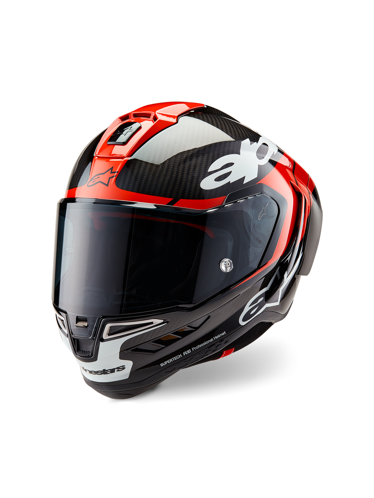 Casque Alpinestars Supertech R10 Element, casque de moto de course, noir carbone, rouge vif et blanc brillant, vue de trois-quarts avant avec visière teintée foncée, doté d'une coque en fibre de carbone brillante, d'aérations supérieures rouges, d'accents blancs sur la mentonnière et d'un marquage Alpinestars imposant, conçu pour la performance aérodynamique en course.