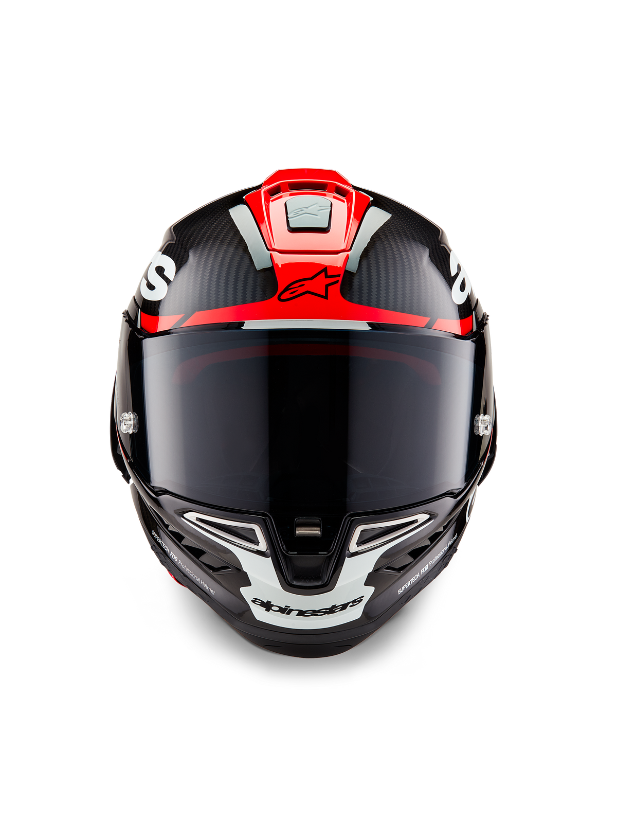 Casque Alpinestars Supertech R10 Element, carbone noir avec graphismes brillants rouge vif et blanc, vue frontale avec visière fumée foncée, texture en fibre de carbone apparente et ventilation intégrée, casque de moto de course professionnel