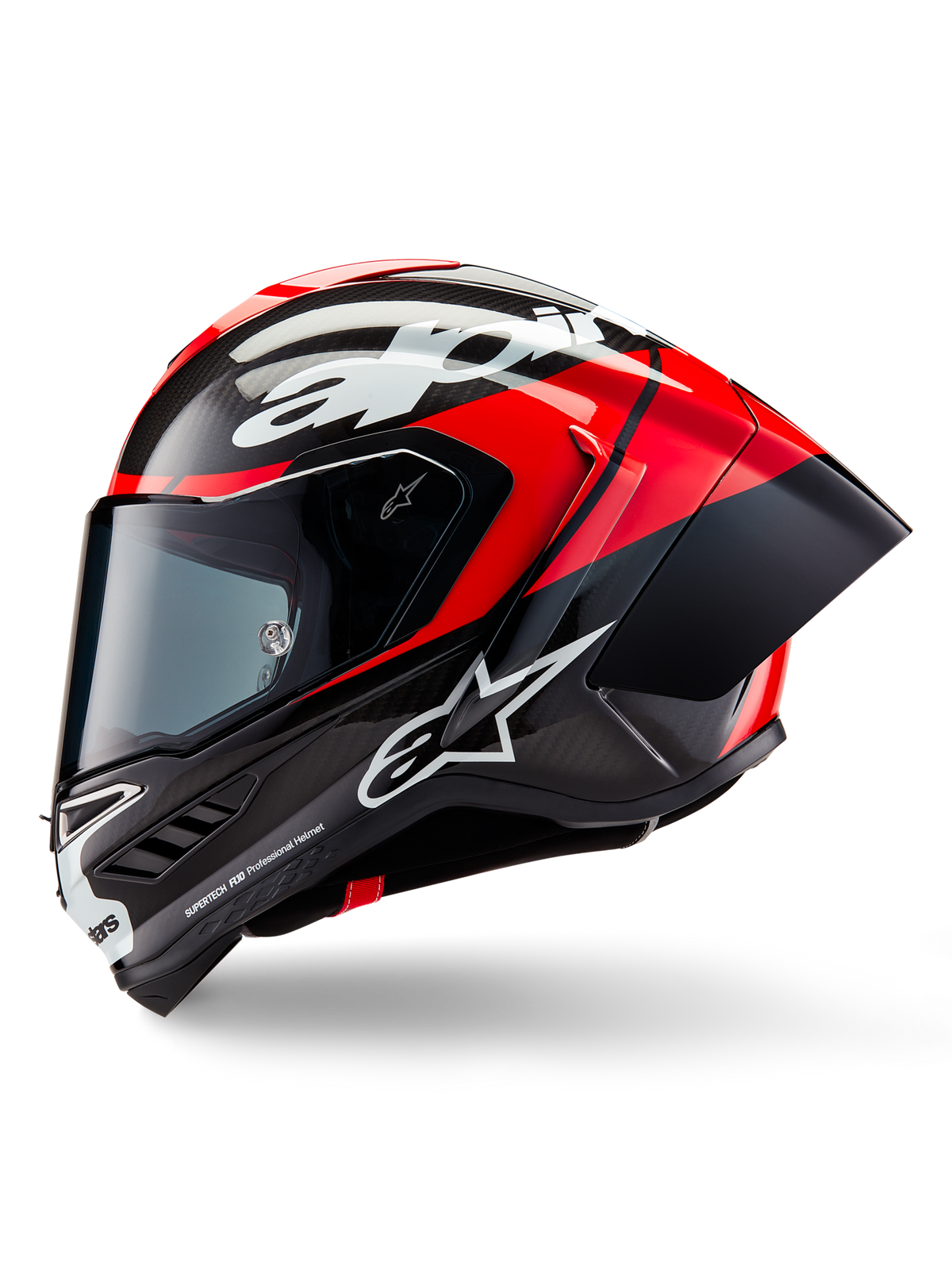 Casque Alpinestars Supertech R10 Element, casque de course intégral, noir carbone, rouge vif et blanc brillant, vue de profil montrant la coque aérodynamique en fibre de carbone avec trame apparente, logos Alpinestars blancs et spoiler arrière intégré