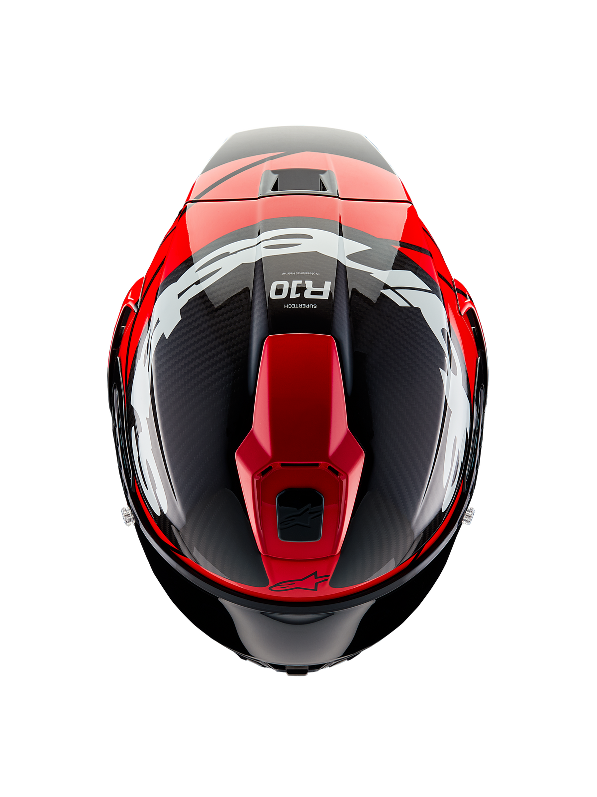 Casque Alpinestars Supertech R10 Element, vue de dessus, carbone noir avec graphismes rouge vif et blanc brillant, casque de course aérodynamique avec grands logos blancs et tissage de fibre de carbone apparent