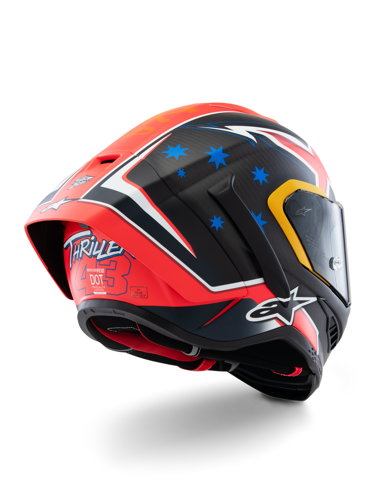 Alpinestars Supertech R10 Miller Édition Limitée, casque intégral de course, Carbone Rouge Mat avec étoiles bleues et accents blancs, graphisme « Thriller 43 » à l'arrière, large spoiler aérodynamique, construction en fibre de carbone