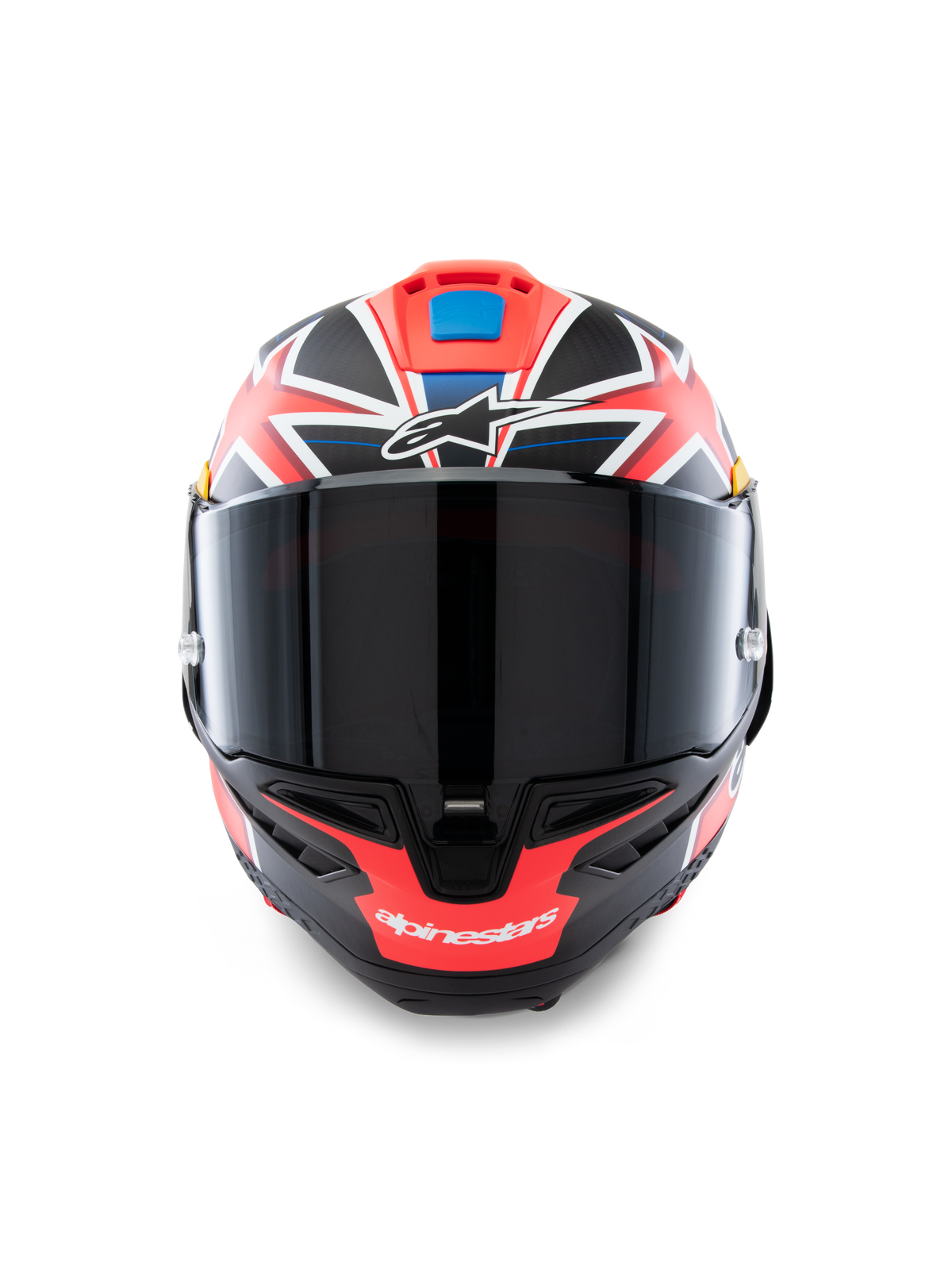 Casque Alpinestars Supertech R10 Miller Limited Edition, vue de face, casque de moto intégral de course avec graphisme Carbon Red Matt et accents blancs et bleus, visière fumée foncée, design signature Jack Miller, construction de coque en carbone aérodynamique