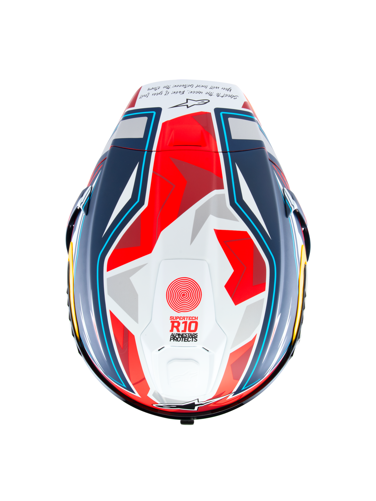 Casque Supertech R10 Acosta Édition Limitée d'Alpinestars, vue de dessus du casque de course en carbone bleu, rouge et blanc, avec spoiler aérodynamique, certifié ECE 22.06 et FIM