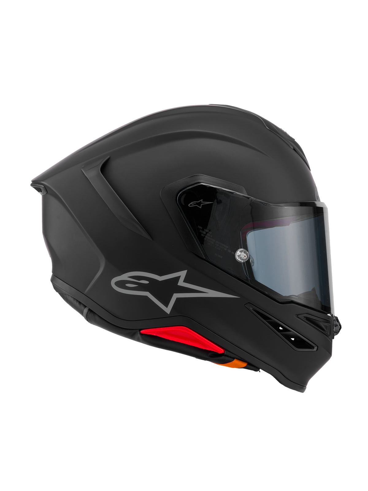 Casque Alpinestars S-R7 Solid, casque de moto intégral, noir mat, vue de profil montrant la coque aérodynamique en composite de carbone, le spoiler arrière intégré, le logo Astars argenté, la visière transparente et les ports de ventilation, équipement de sport et de compétition