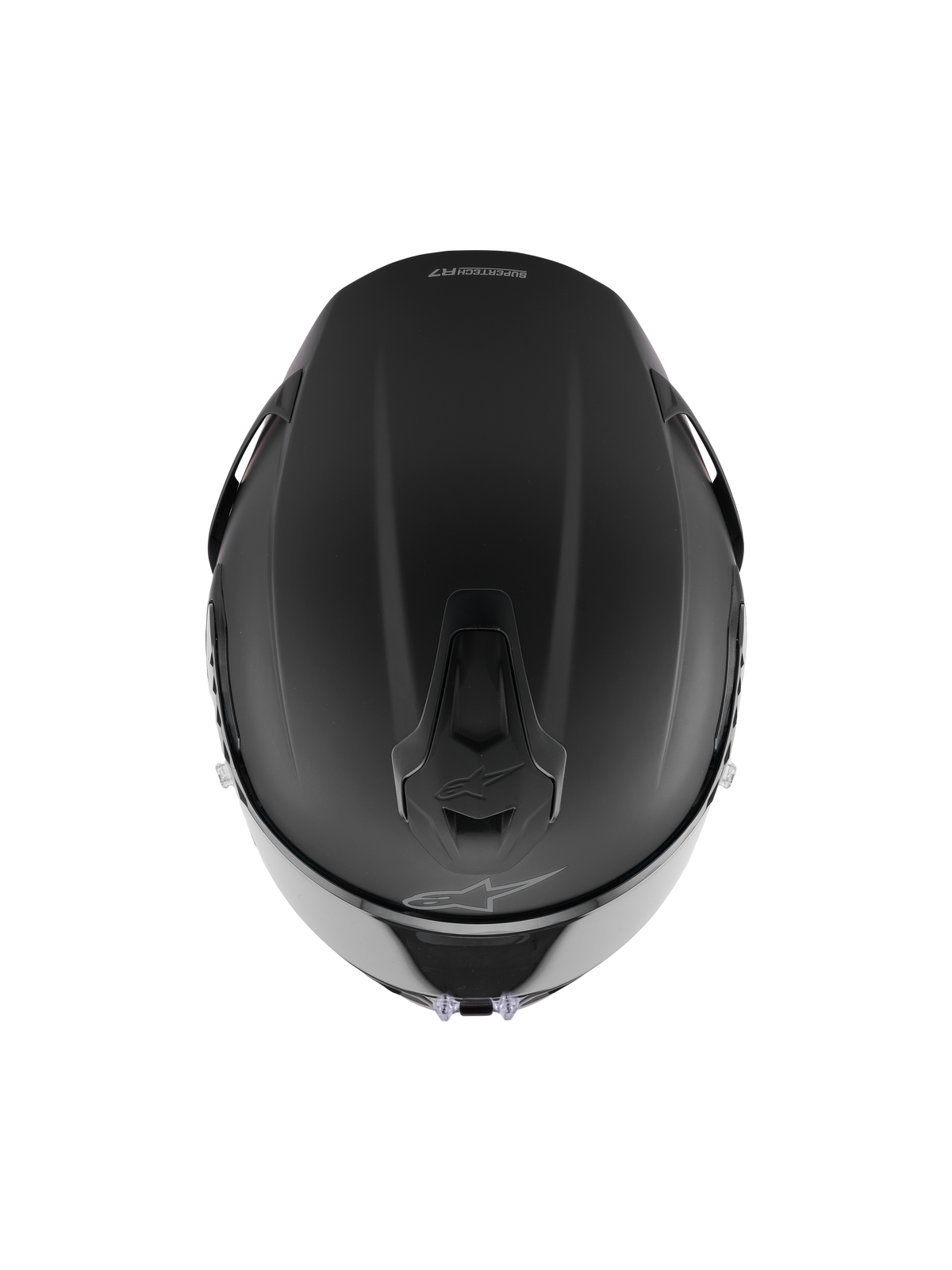 Casque S-R7 Solid d'Alpinestars, casque intégral de course, noir mat, vue de dessus montrant la construction aérodynamique de la coque, les ports de ventilation intégrés et le logo Alpinestars discret.