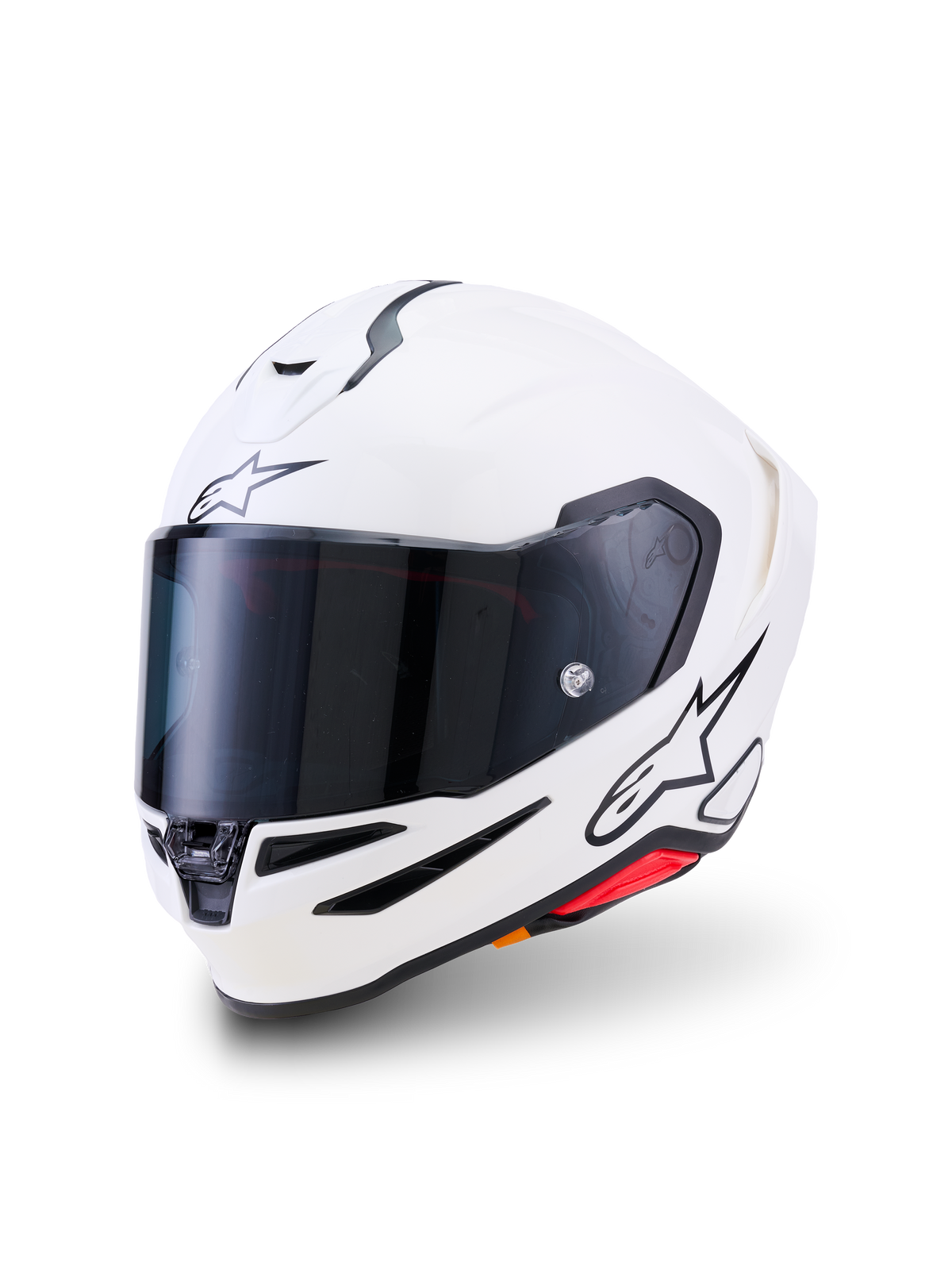 Casque Alpinestars S-R7 Solid, casque de moto intégral, blanc brillant, visière fumée foncée, logo étoile noir sur le front et le côté, coque aérodynamique avec évents de ventilation et accents rouges, équipement de route et de course haute performance