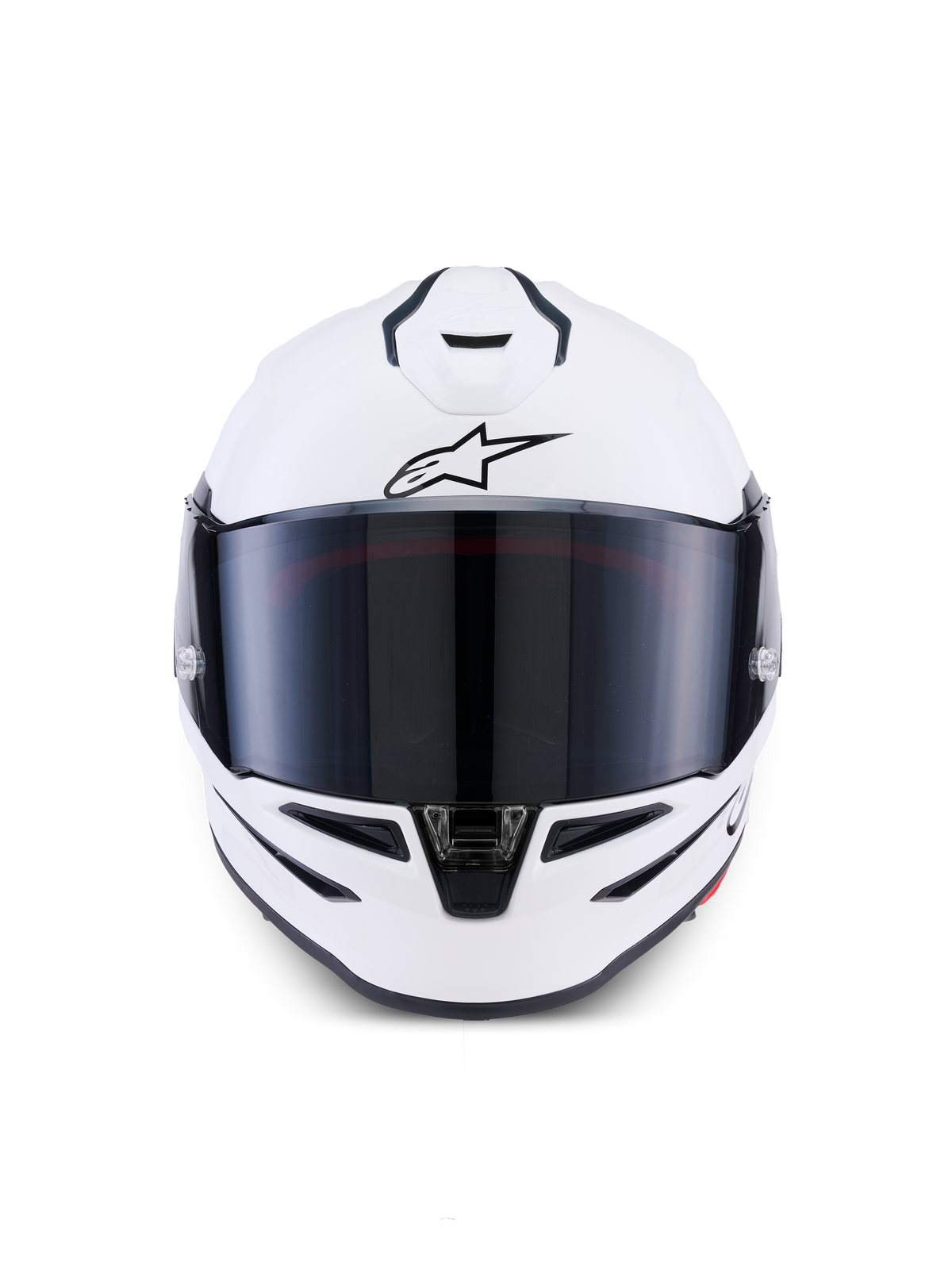 Casque Alpinestars S-R7 Solid, casque de moto intégral, blanc brillant, vue de face avec visière teintée foncée, coque aérodynamique avec aérations intégrées, équipement professionnel de course et de sport