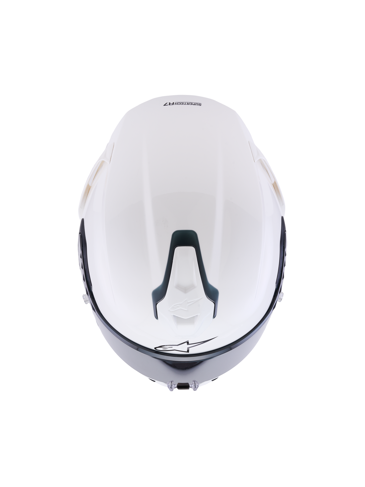Casque Alpinestars S-R7 Solid, casque de moto intégral blanc brillant, vue de dessus montrant la coque aérodynamique, système de ventilation supérieur coulissant avec détails noirs et logo étoile emblématique, design épuré inspiré de la course pour une stabilité à haute vitesse.