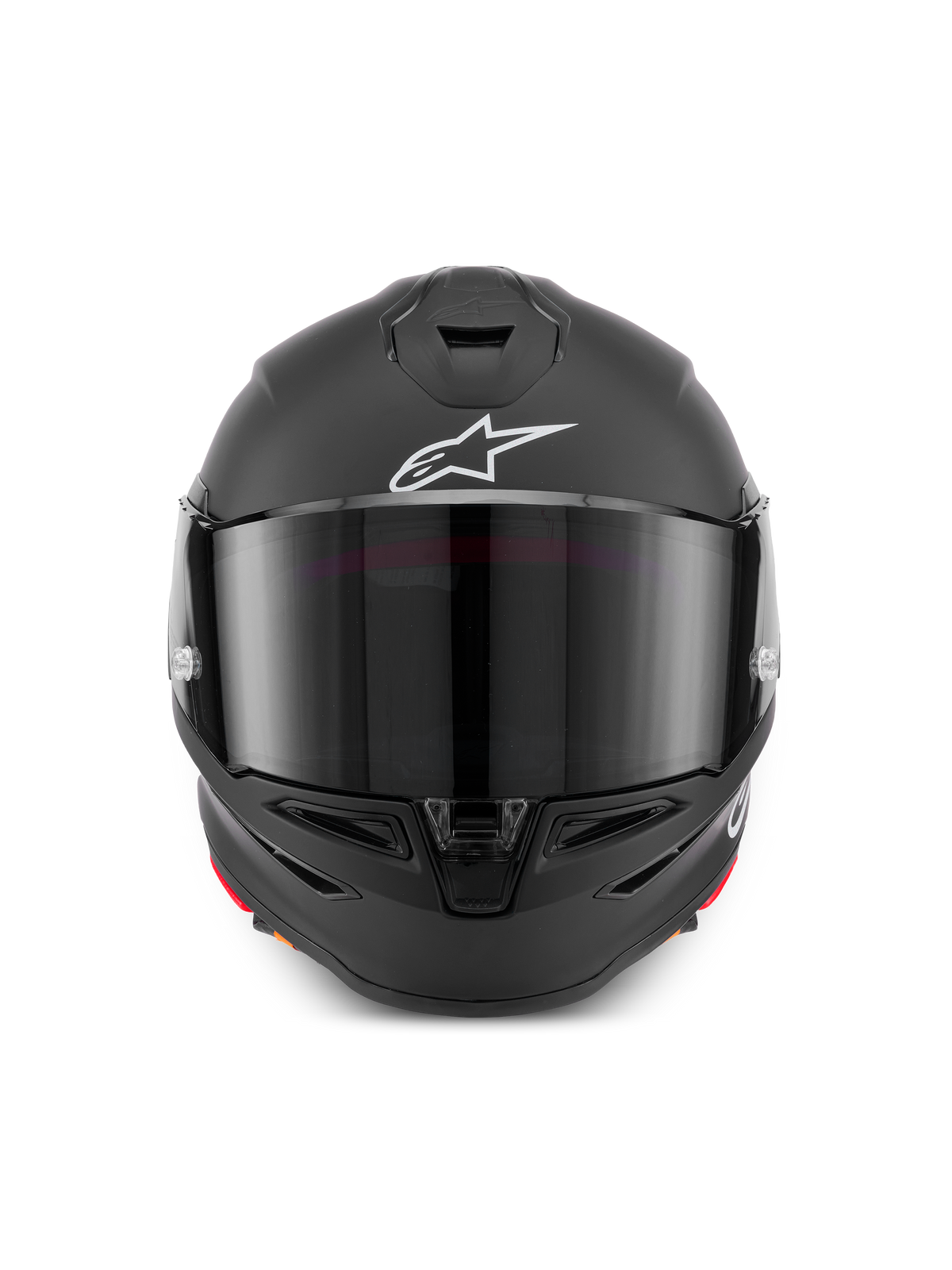 Alpinestars Casque S-R7 Solid ECE 22.06, casque de moto intégral noir mat, vue de face avec visière teintée, logo Astar blanc et construction en composite de carbone